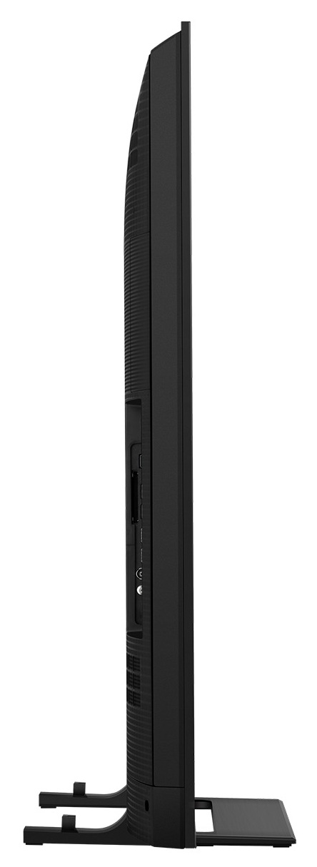 Widok z boku czarnego telewizora. Ma teksturowany tylny panel i kilka portów. Telewizor stoi na czarnej podstawie.