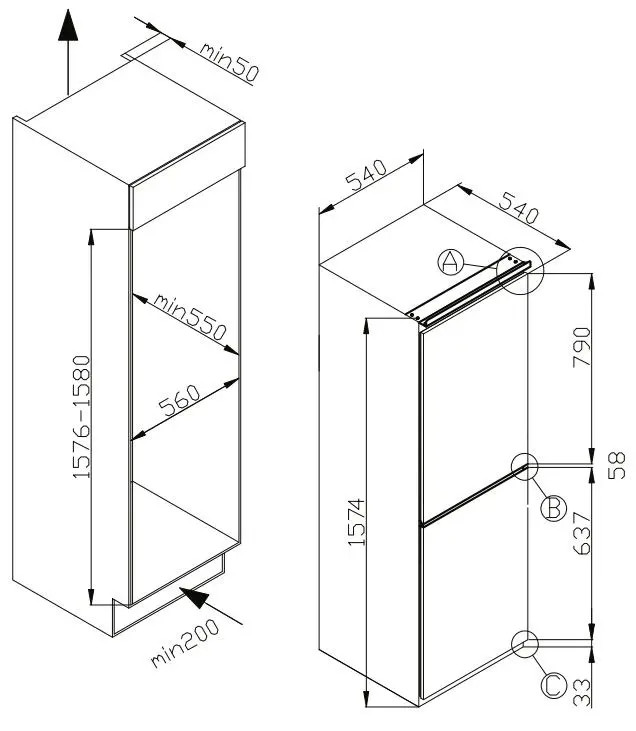 Widok izometryczny szafki z wymiarami. Pokazuje wymiary wysokości, szerokości i głębokości w milimetrach. Strzałki wskazują kierunki.