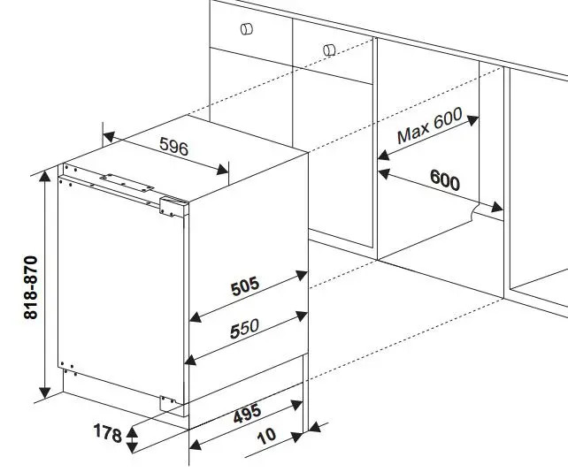Schemat zmywarki do zabudowy z wymiarami. Pokazuje rozmiar urządzenia i wymagania dotyczące miejsca w szafce. Rysunek zawiera pomiary.