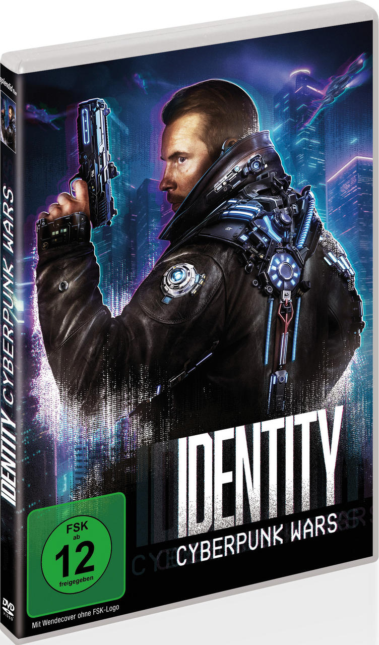 Eine DVD-Hülle zeigt einen Mann mit einer futuristischen Waffe. Der Titel "Identity Cyberpunk Wars" ist zu sehen.