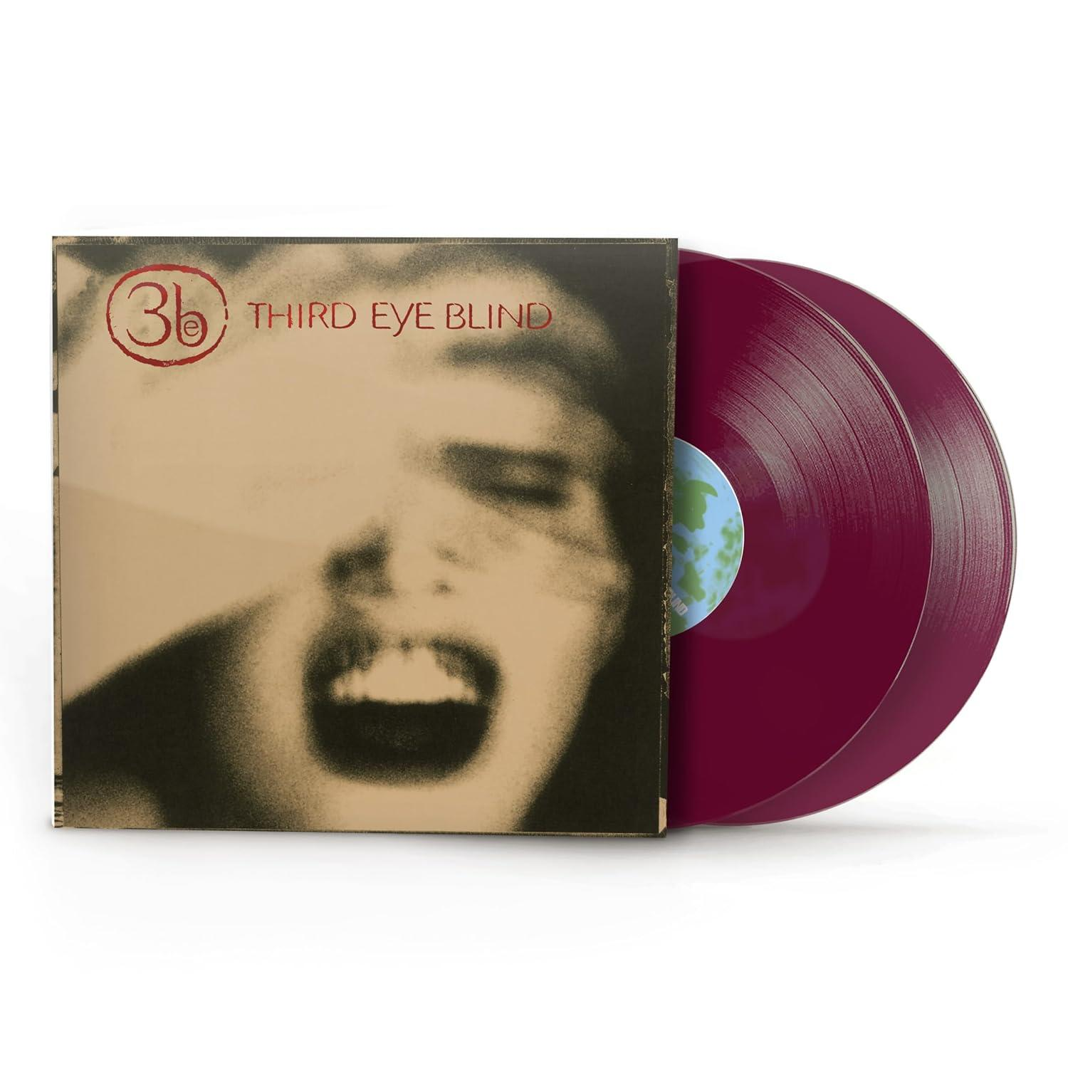 Albumcover mit Grafik eines Gesichts und lila Vinylplatten.