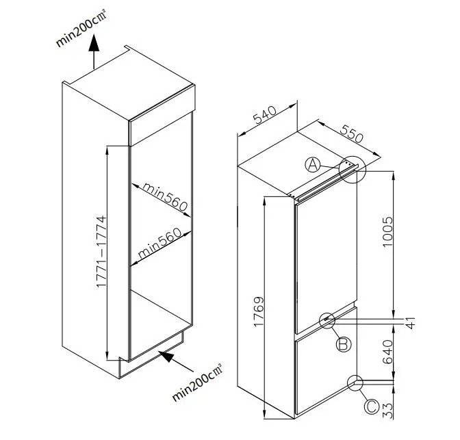 Widok izometryczny dwóch białych lodówek z wymiarami. Zawiera wymiary wysokości, szerokości i głębokości w mm.
