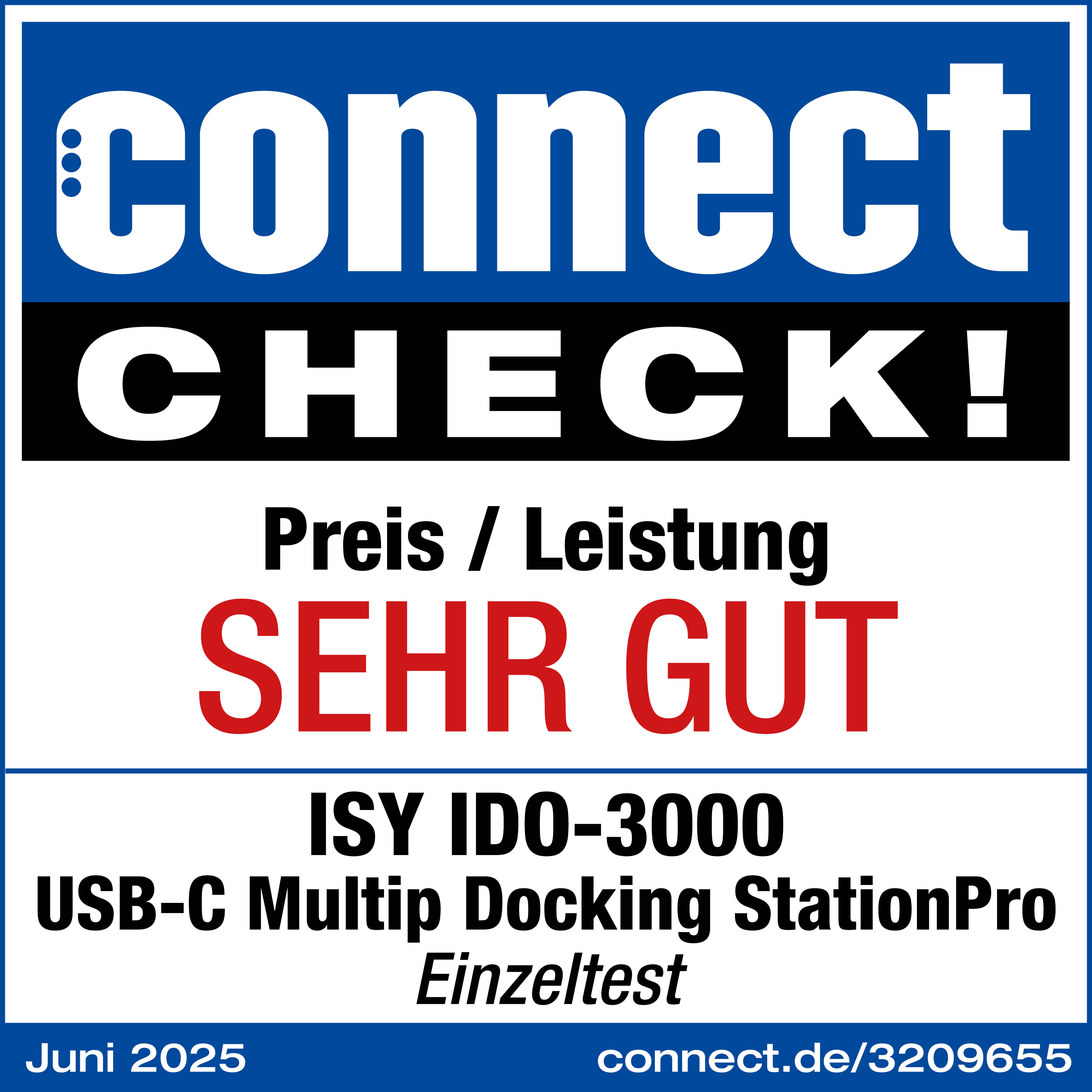 Grafik mit blauem und weißem Text. Er lautet 'connect CHECK! SEHR GUT'. Es erwähnt auch ISY IDO-3000 und USB-C.