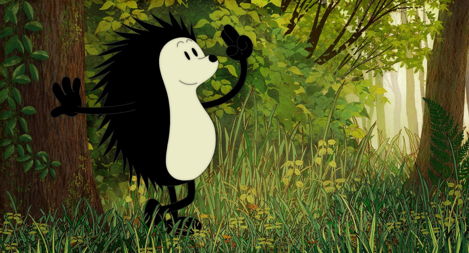 Ein animierter Igel winkt in einem Wald. Grünes Gras und Bäume umgeben ihn. Der Igel ist schwarz und weiß mit einem freundlichen Gesicht.