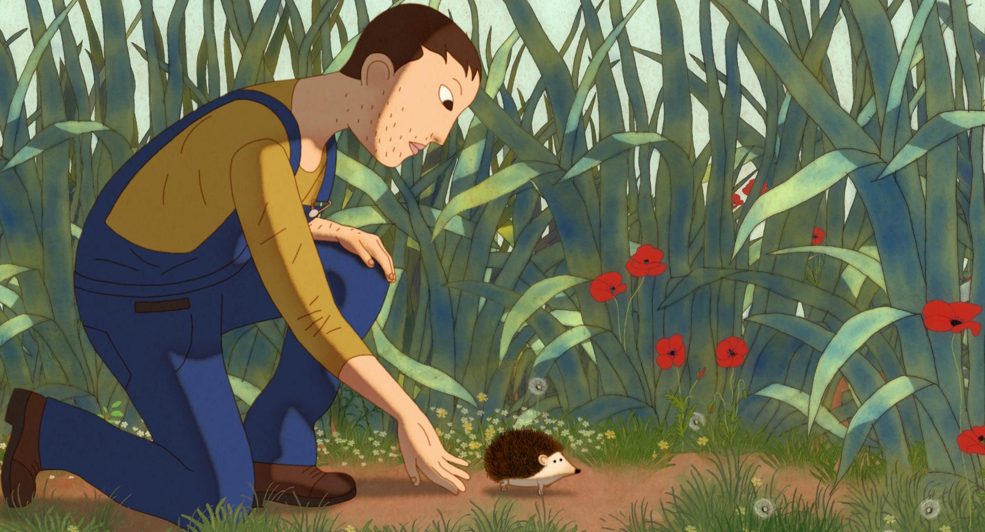 Ein Mann in Latzhose kniet vor einem Igel in einem Feld mit Mohnblumen.