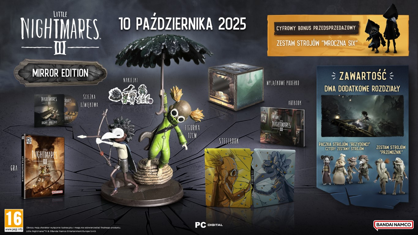 Grafika pudełka gry Little Nightmares III Mirror Edition z figurką, artbookiem, naklejkami, steelbookiem i szczegółami zawartości bonusowej.