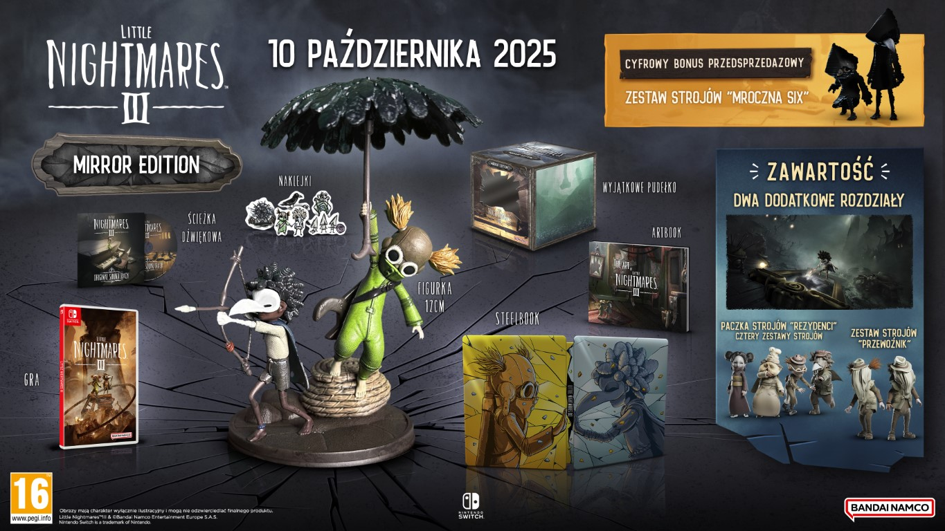 Obraz promocyjny Little Nightmares III Mirror Edition, pokazujący pudełko z grą, figurkę, steelbook, artbook i dodatkowe kostiumy.