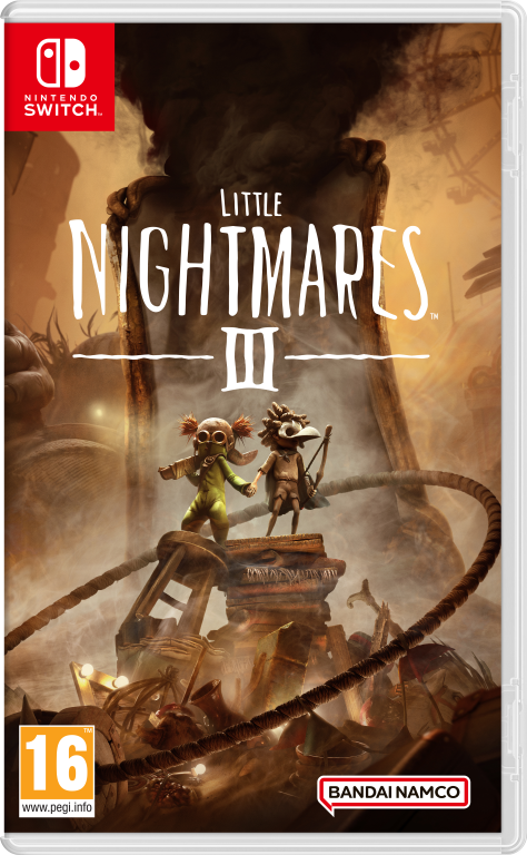 Pudełko gry Little Nightmares III. Dwie małe postacie stoją na zniszczonej konstrukcji. Tło przedstawia dużą, złowrogą postać.