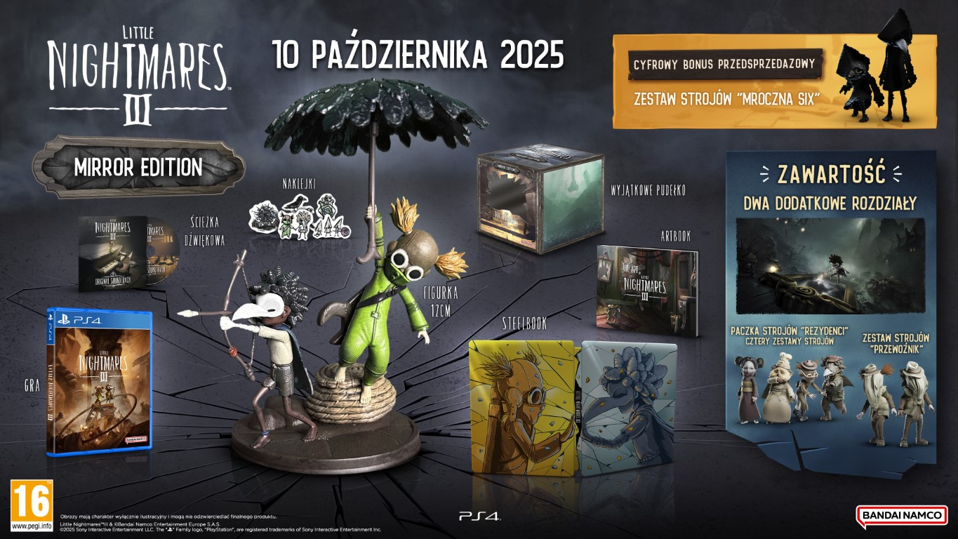 Obraz promocyjny Little Nightmares III, z pudełkiem gry, figurką i zawartością różnych edycji. Ciemny, klimatyczny design.