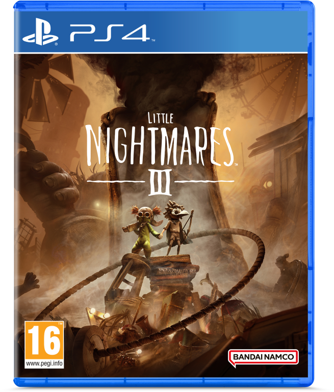 Okładka gry Little Nightmares III. Dwie postacie stoją na gruzach. Tło przedstawia mroczne, przemysłowe otoczenie z dymem.