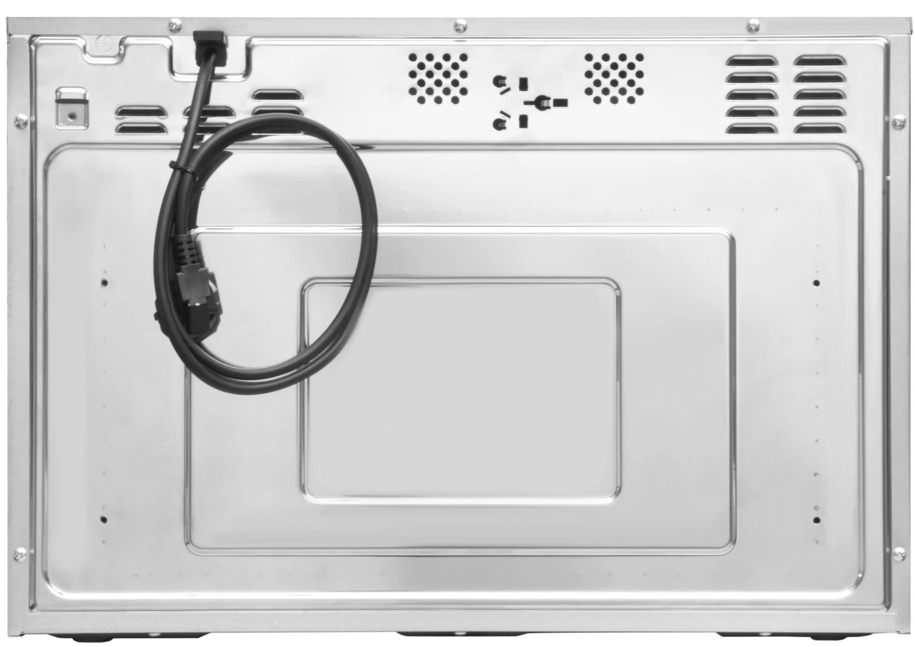 Tylny panel urządzenia. Posiada przewód zasilający, otwory wentylacyjne i wklęsły obszar prostokątny.