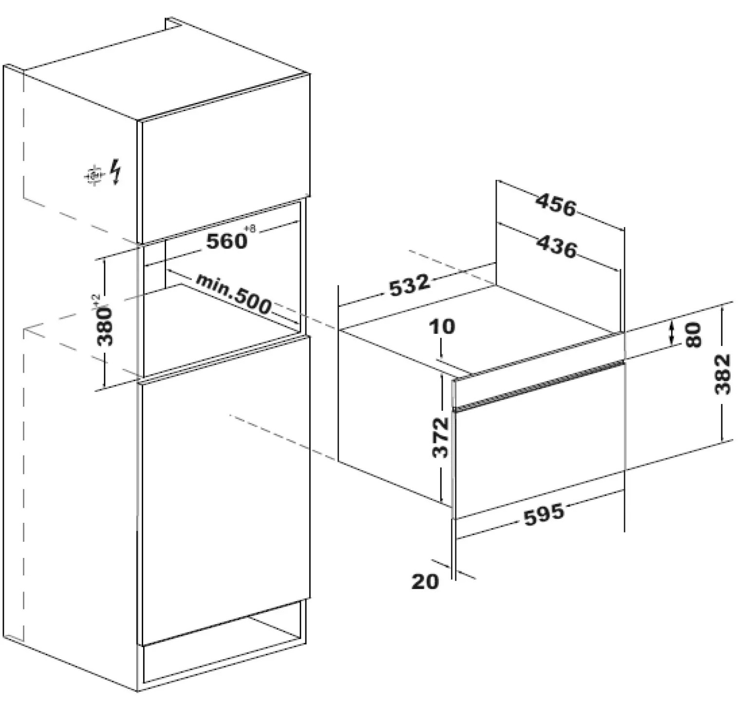 Widok izometryczny piekarnika do zabudowy z wymiarami. Piekarnik jest prostokątny, z wymiarami w milimetrach.