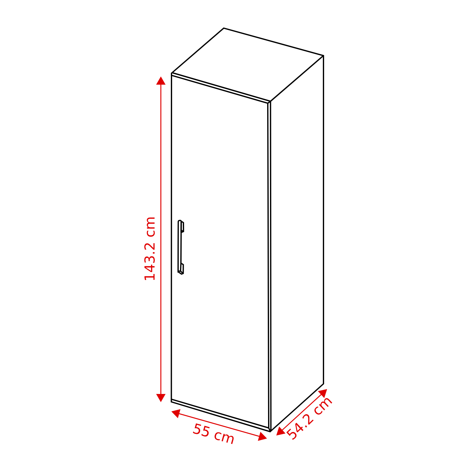 A tall, white cabinet with a door and handle. Dimensions are labeled: 143.2 cm high, 55 cm wide, and 54.2 cm deep.