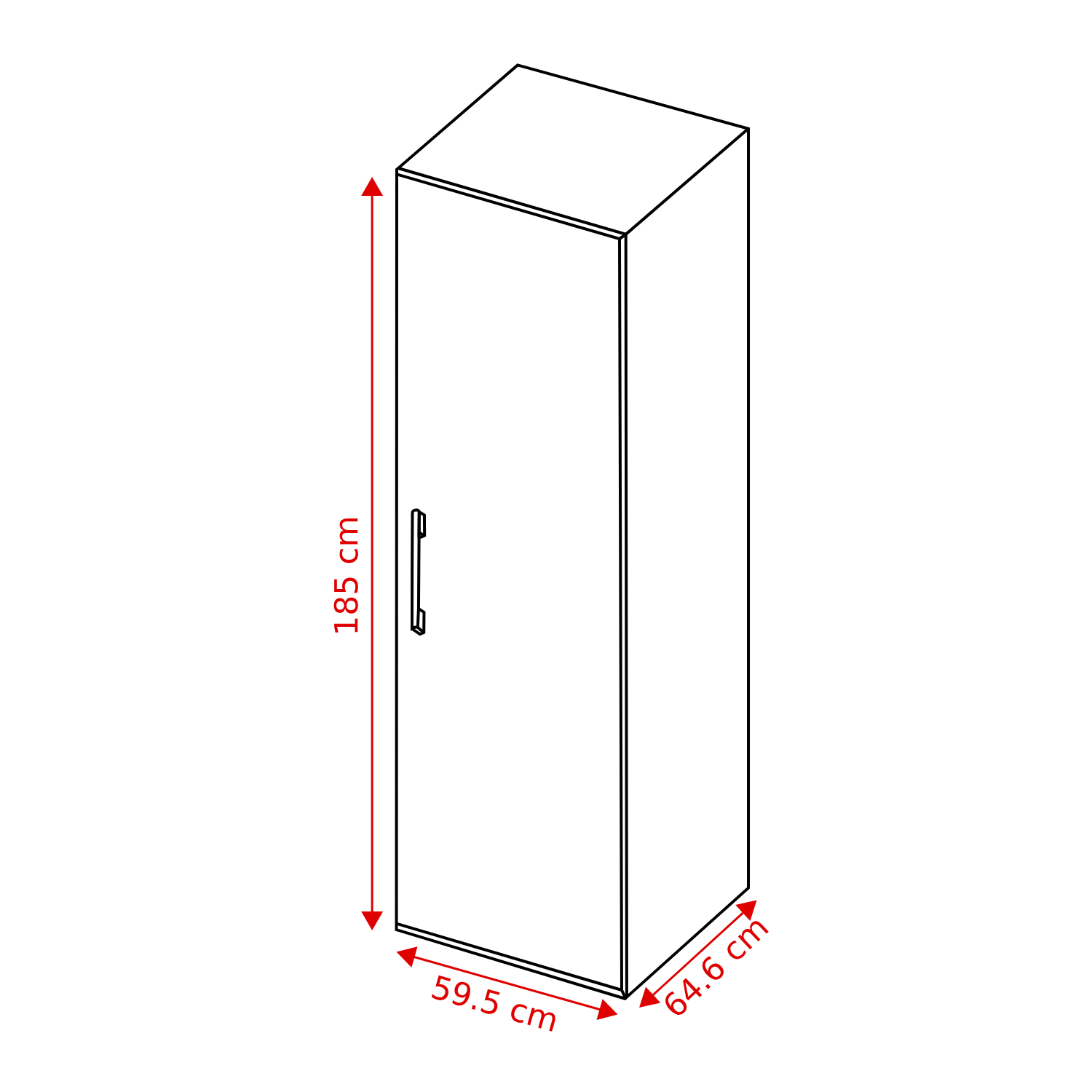 A tall, white wardrobe with black outlines, dimensions labeled: 185 cm high, 59.5 cm wide, and 64.6 cm deep. Handle on the door.