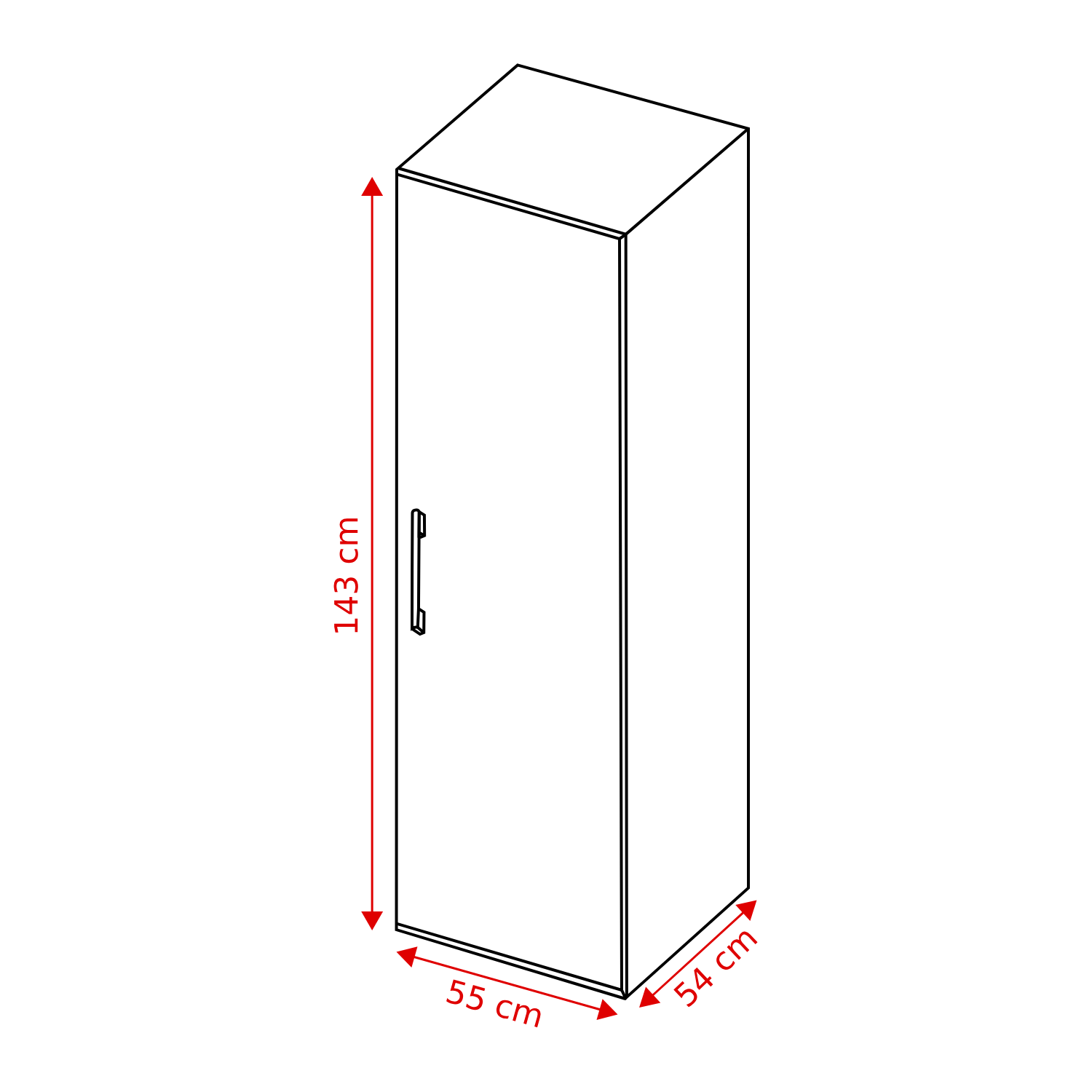 A white wardrobe with dimensions labeled. It is 143 cm high, 55 cm wide, and 54 cm deep. A handle is on the door.