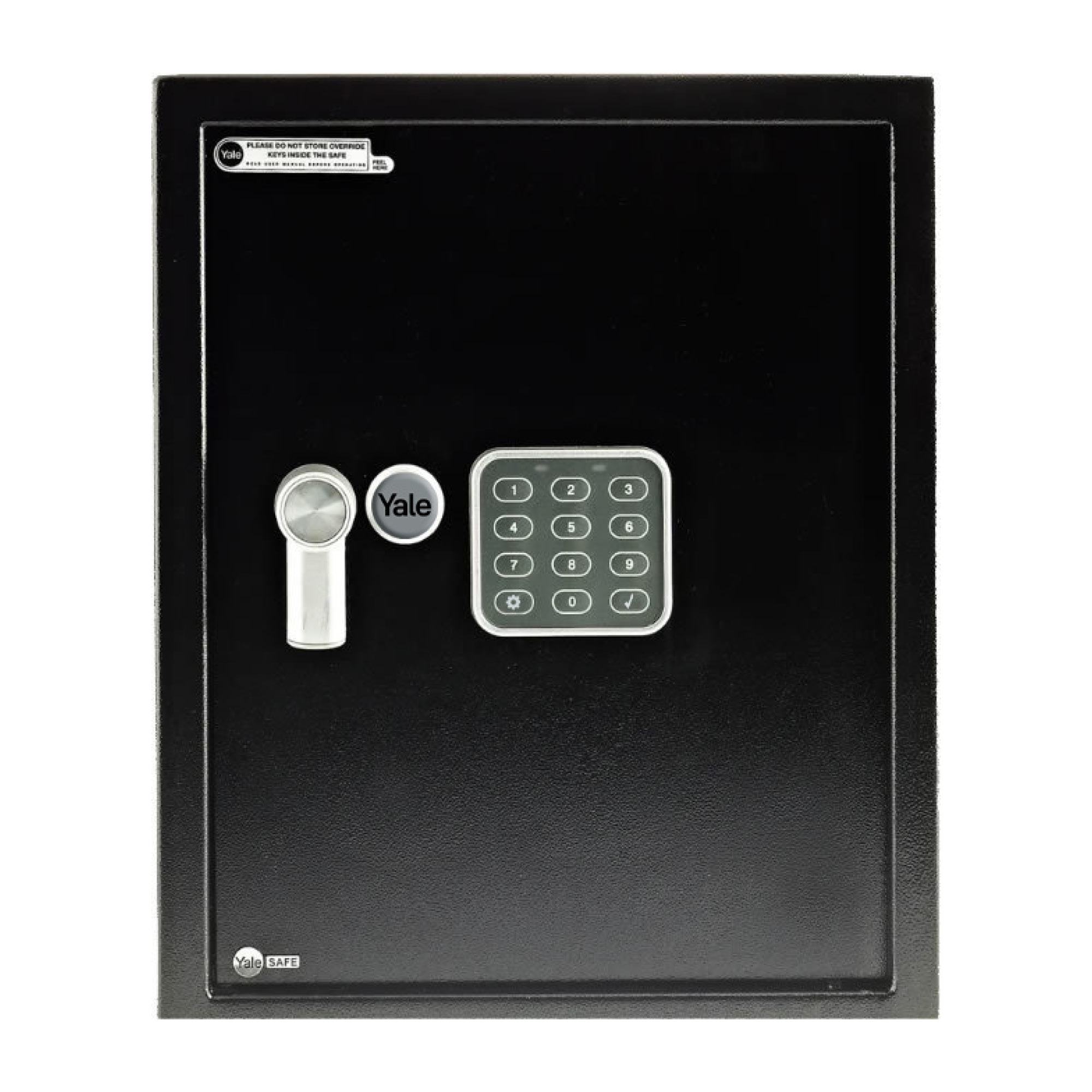 Schwarzer Yale-Safe mit Tastatur, Schlüsselloch und Yale-Logo. Enthält ein Warnschild. Isoliert auf weißem Hintergrund.