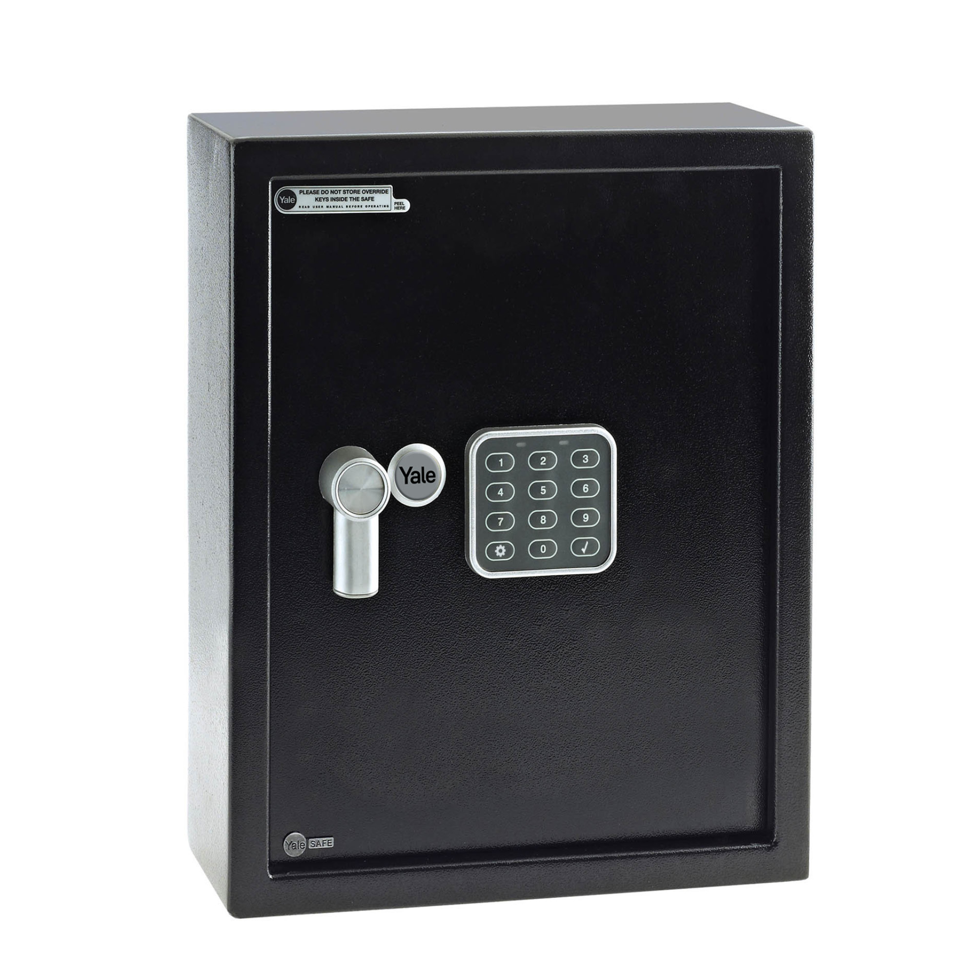 Ein schwarzer Yale-Safe mit Tastatur und Griff. Der Safe hat eine digitale Tastatur und das Yale-Logo.