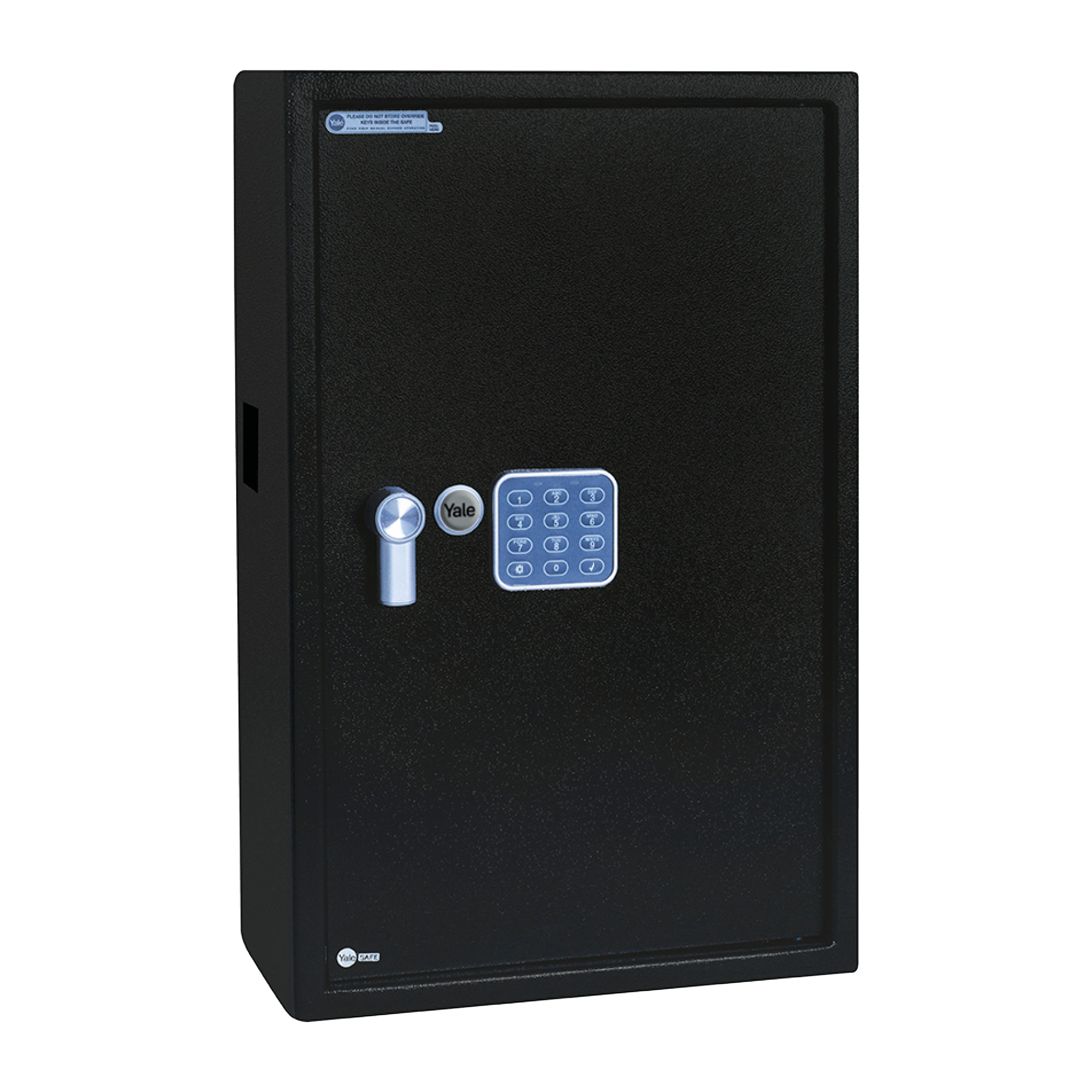 Ein schwarzer Yale-Safe mit Tastatur, Griff und Logo. Der Safe befindet sich auf weißem Hintergrund.