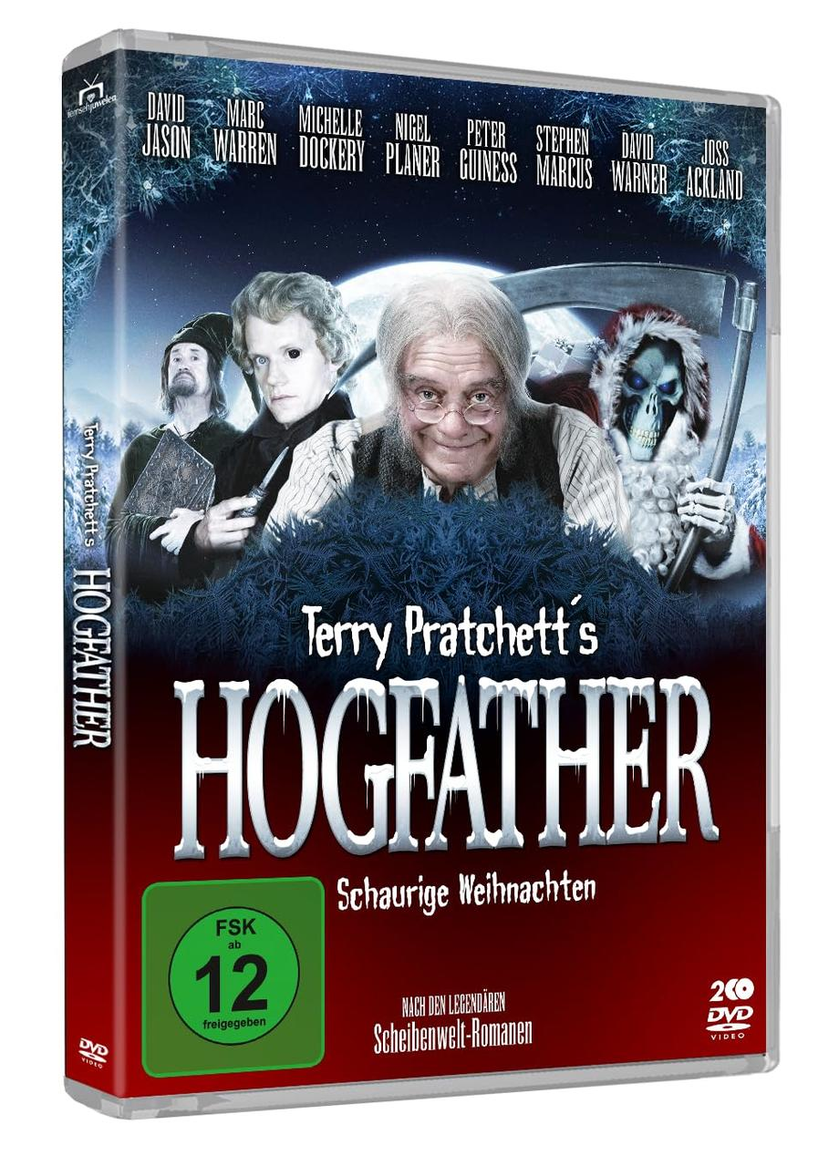 DVD-Cover für Terry Pratchetts Hogfather. Mit Schauspielern, einem Totenkopf und dem Titel. Die DVD ist FSK 12 und ein Scheibenwelt-Roman.