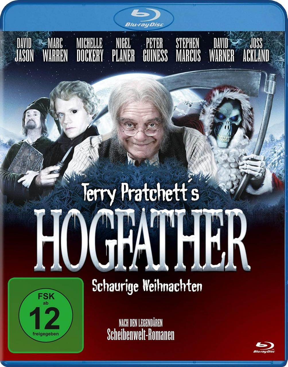 Blu-ray-Disc-Cover für Hogfather. Enthält Charaktere und Titel. Die Disc ist blau. Der Hintergrund ist eine Winterszene.