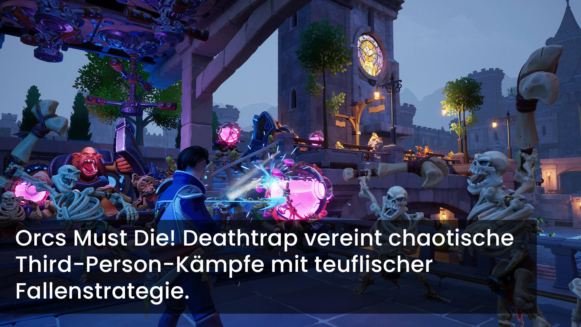 Eine Spielszene mit Skeletten, Orks und einem kämpfenden Charakter. Der Hintergrund zeigt eine burgähnliche Struktur.