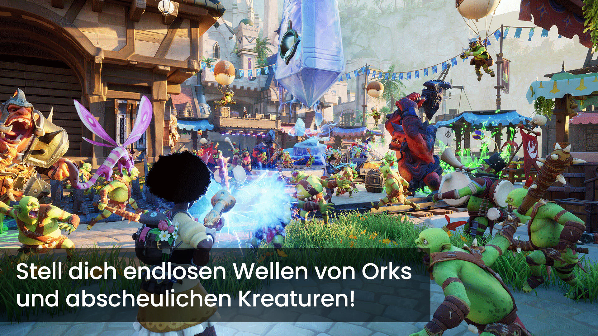 Eine Fantasieszene mit Orks und Kreaturen, einer Person mit Afro-Haar und einer Kristallstruktur im Hintergrund.