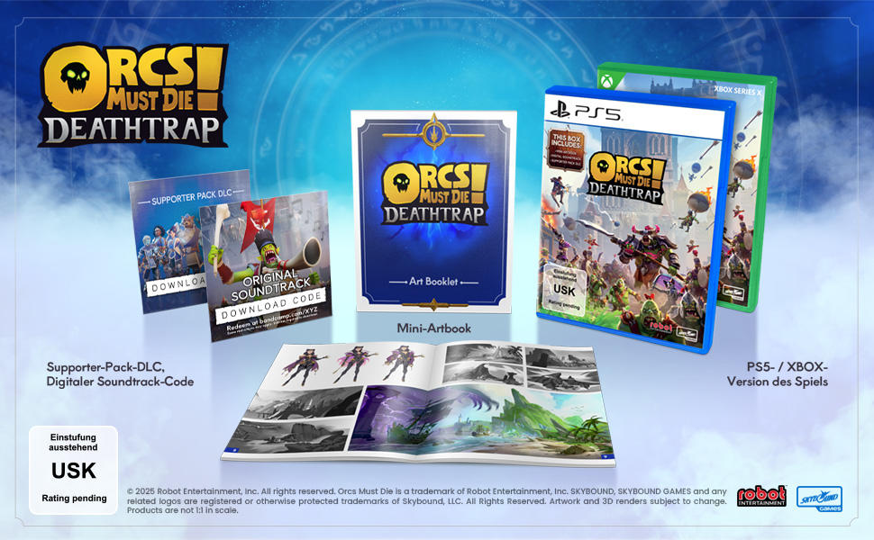 Werbebild für Orcs Must Die! Deathtrap mit Spielboxen, Artbook und DLC-Codes, vor blau-weißem Hintergrund.