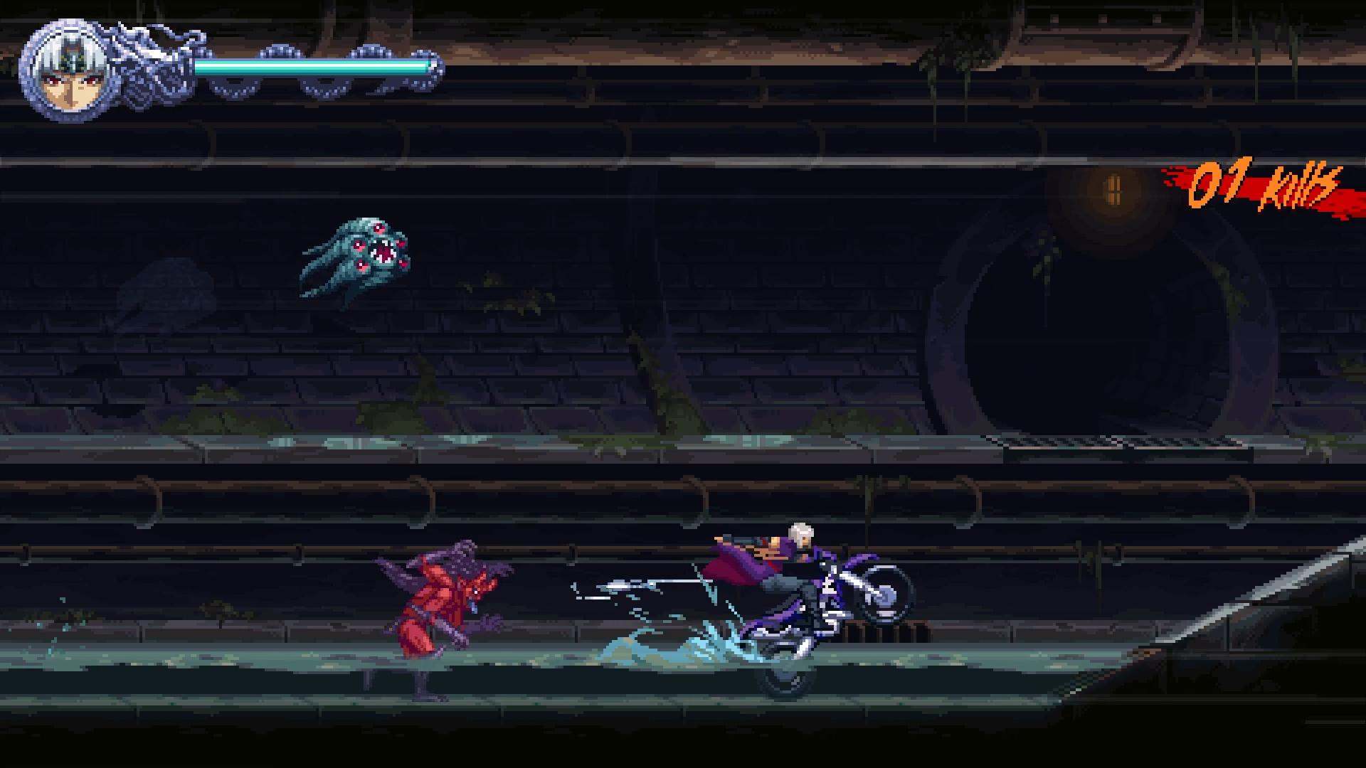 Eine pixelige Spielszene zeigt eine Figur auf einem Motorrad, ein rotes Monster und eine schwebende blaue Kreatur in einem dunklen Tunnel.