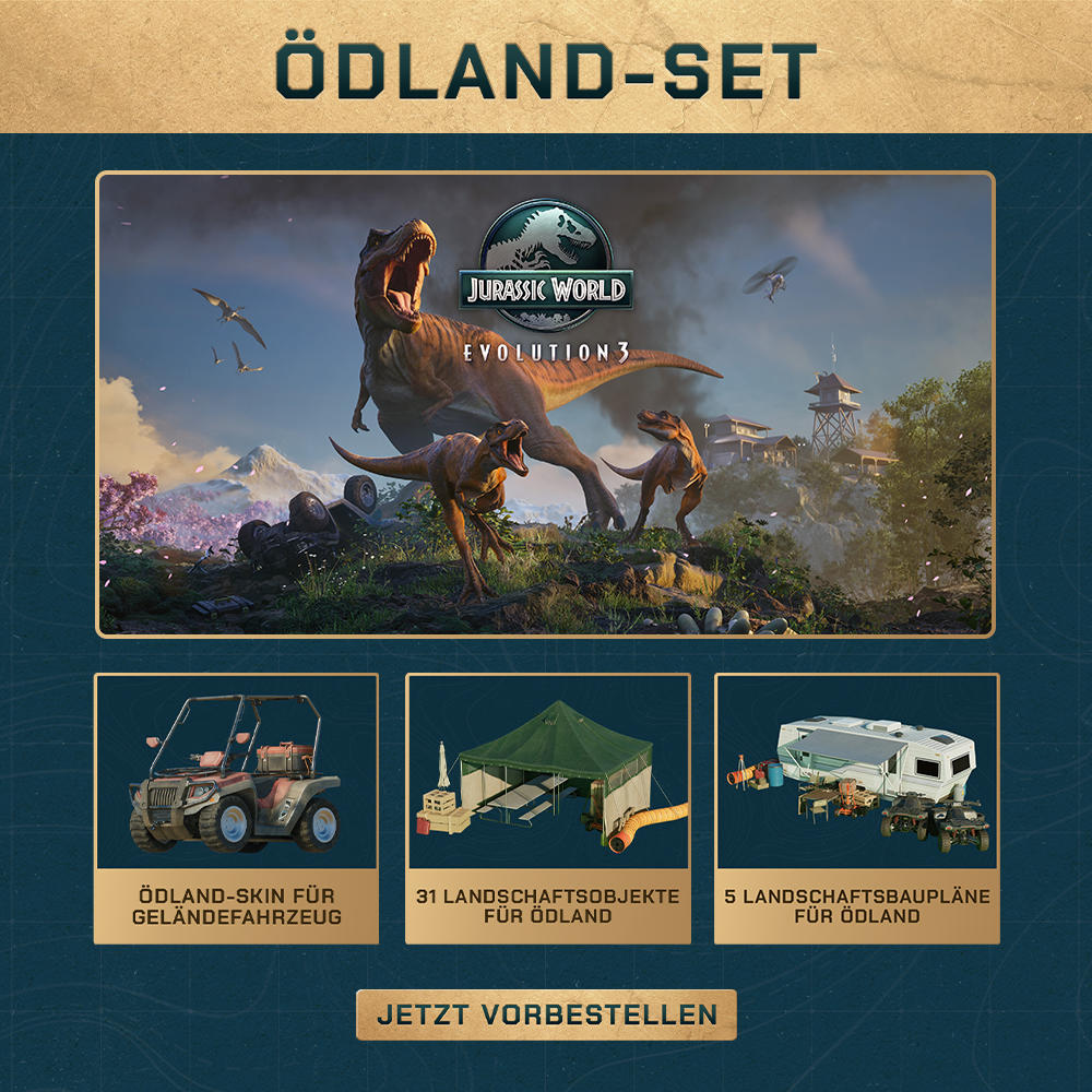 Jurassic World Evolution 3-Set. Dinosaurier, ein Auto, ein Zelt und ein Anhänger. Im Hintergrund eine Landschaft und blauer Himmel.