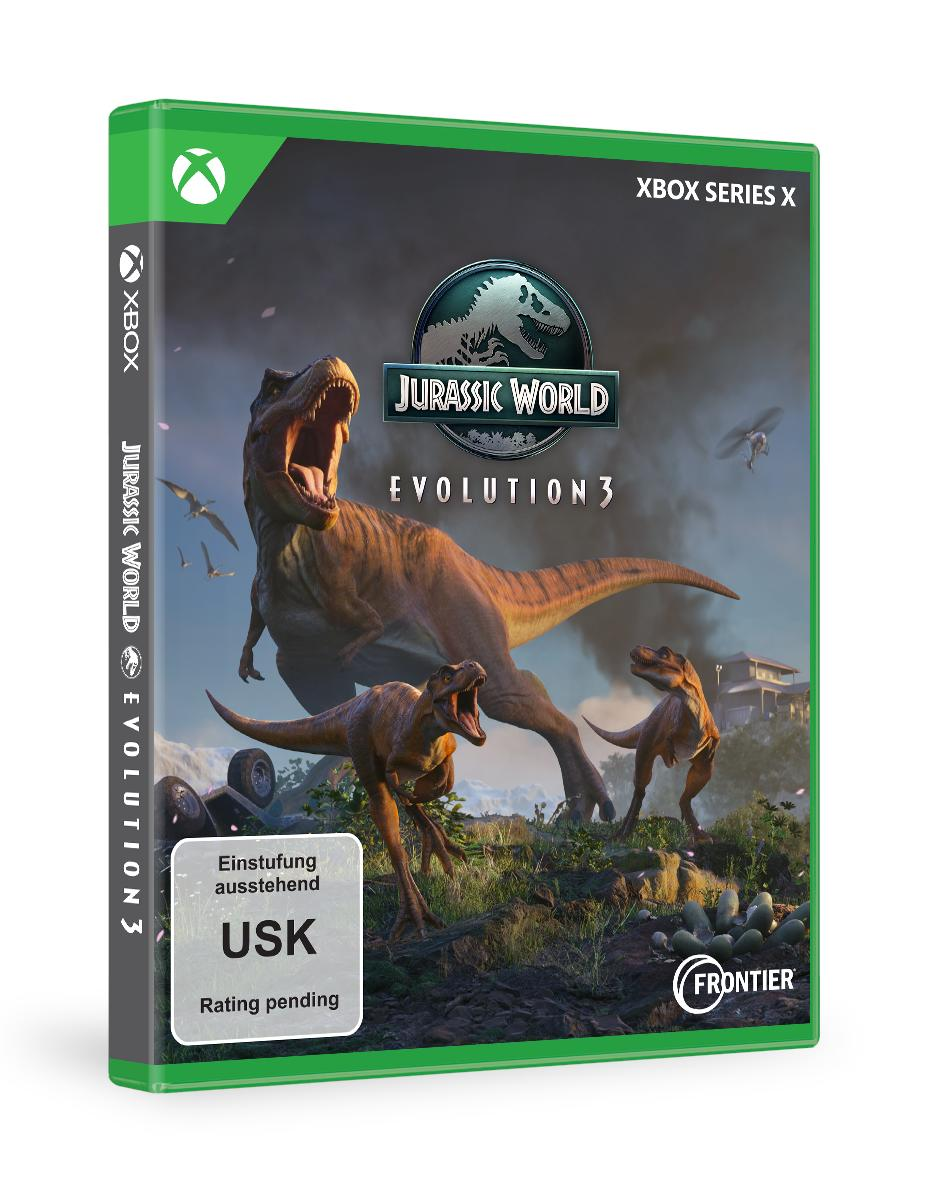 Jurassic World Evolution 3 Xbox-Spielhülle. Dinosaurier sind im Vordergrund zu sehen. Der Spieletitel und Logos sind sichtbar.