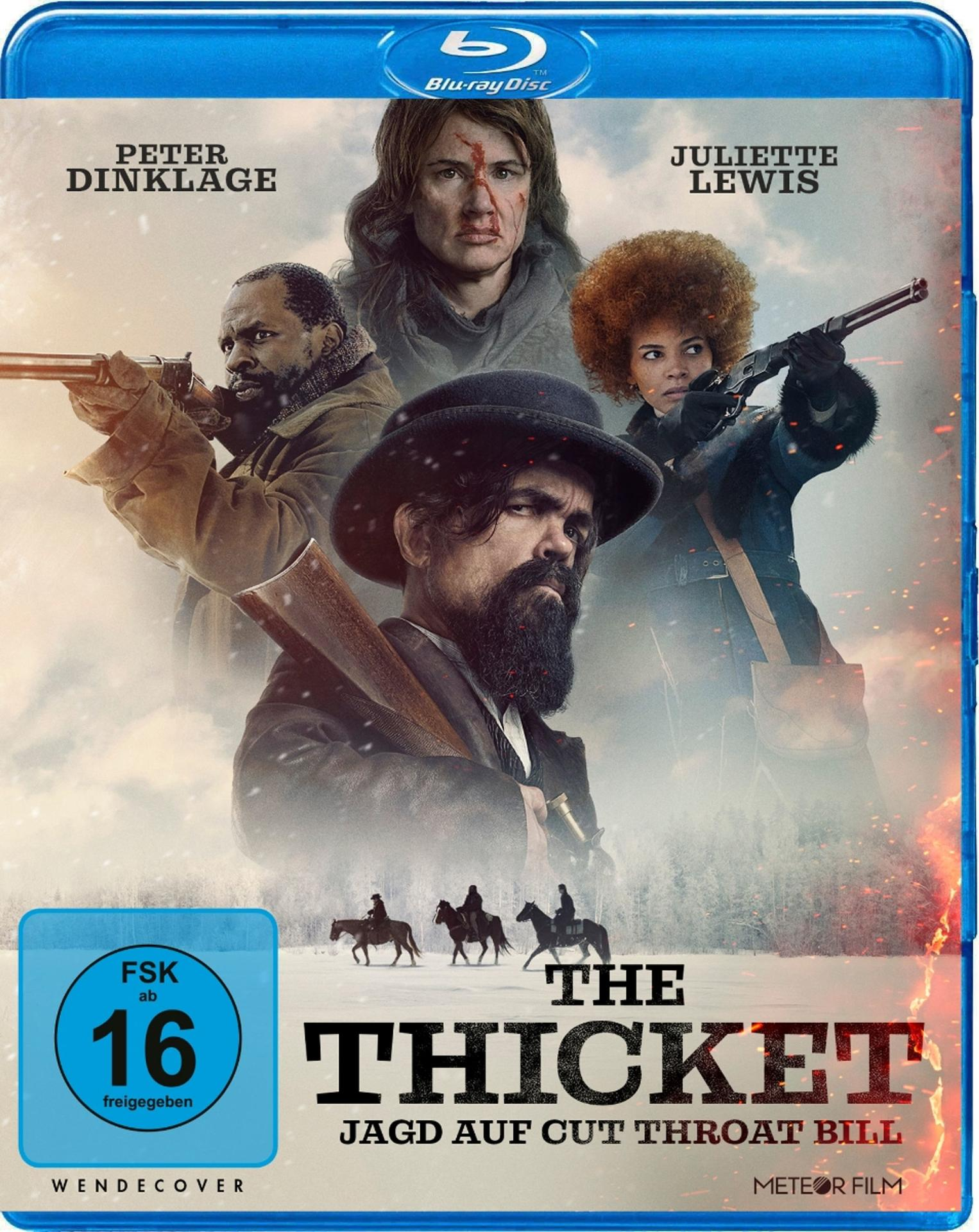 Filmcover mit Schauspielern, die Waffen halten. Peter Dinklage und Juliette Lewis sind zu sehen. Titel: The Thicket.