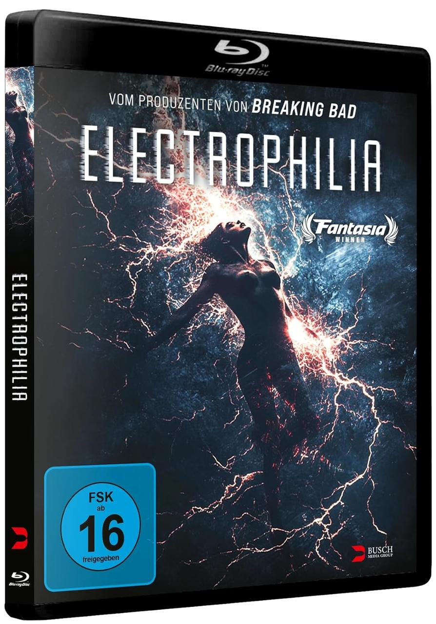 Blu-ray-Cover. Eine Frau ist von Blitzen umgeben. Titel: Electrophilia. Die Blu-ray Disc hat eine FSK-Freigabe ab 16 Jahren.