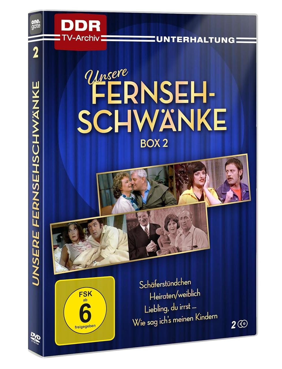 DVD-Box der Fernsehserie 'Unsere Fernsehschwänke'. Sie zeigt Bilder von Schauspielern, ein Bewertungsschild und den Serientitel.