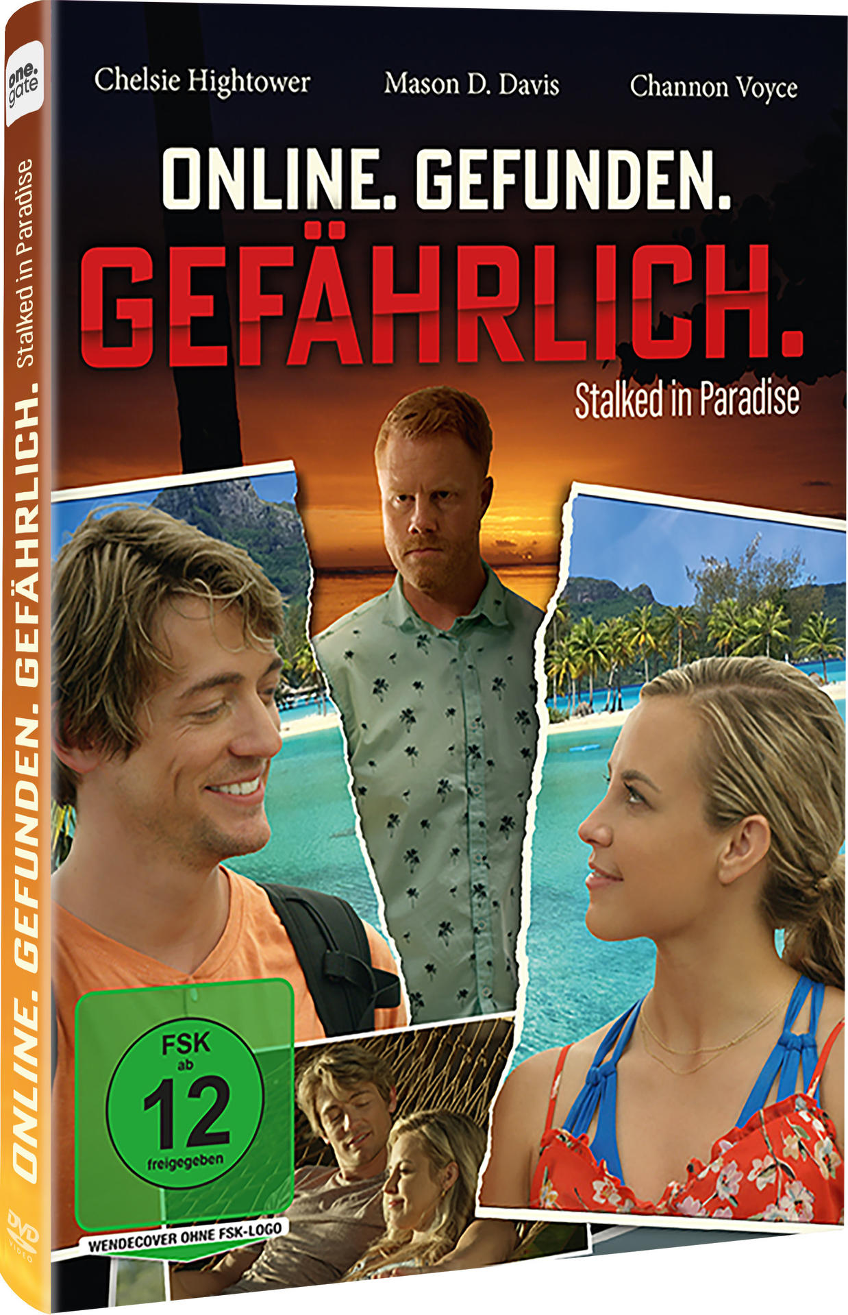 DVD-Cover: 'Online. Gefährlich'. Gesichter von Schauspielern. Mann im grünen Hemd. Tropischer Strand im Hintergrund. FSK 12 Aufkleber.
