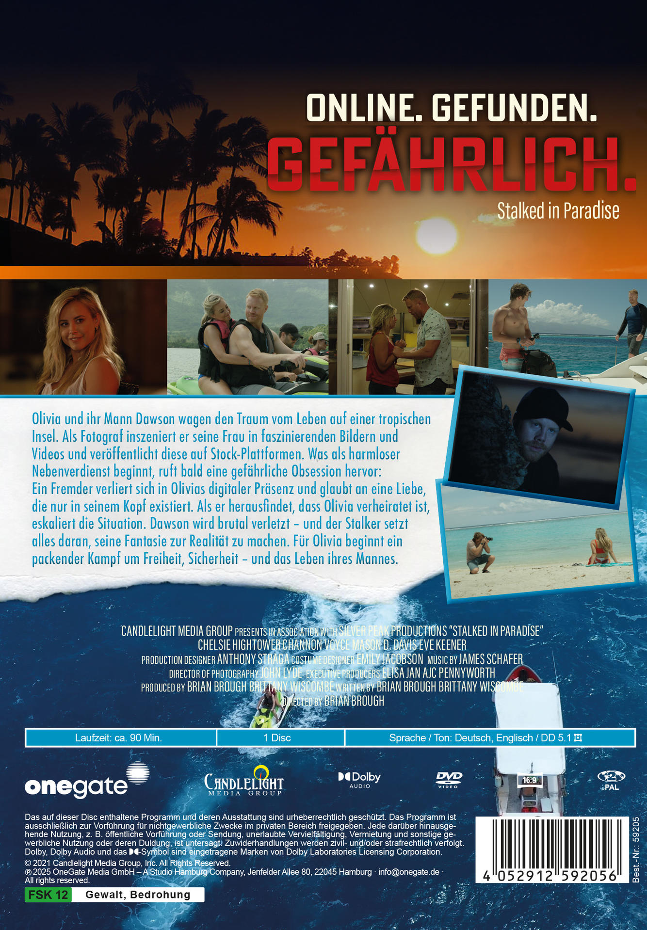DVD-Cover mit dem Titel 'Stalked in Paradise'. Szenen aus dem Film sind zu sehen, darunter ein Paar auf einem Boot und am Strand.