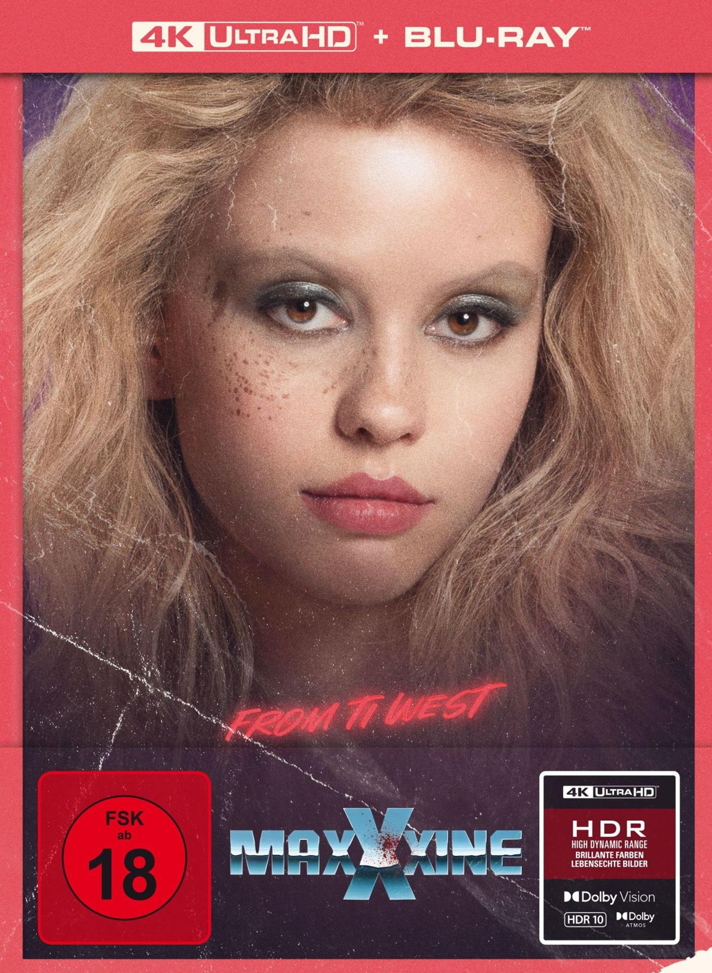 Filmcover: Eine Frau mit blonden Haaren und Augen-Make-up. Der Titel 'Maxxxine' ist zu sehen.