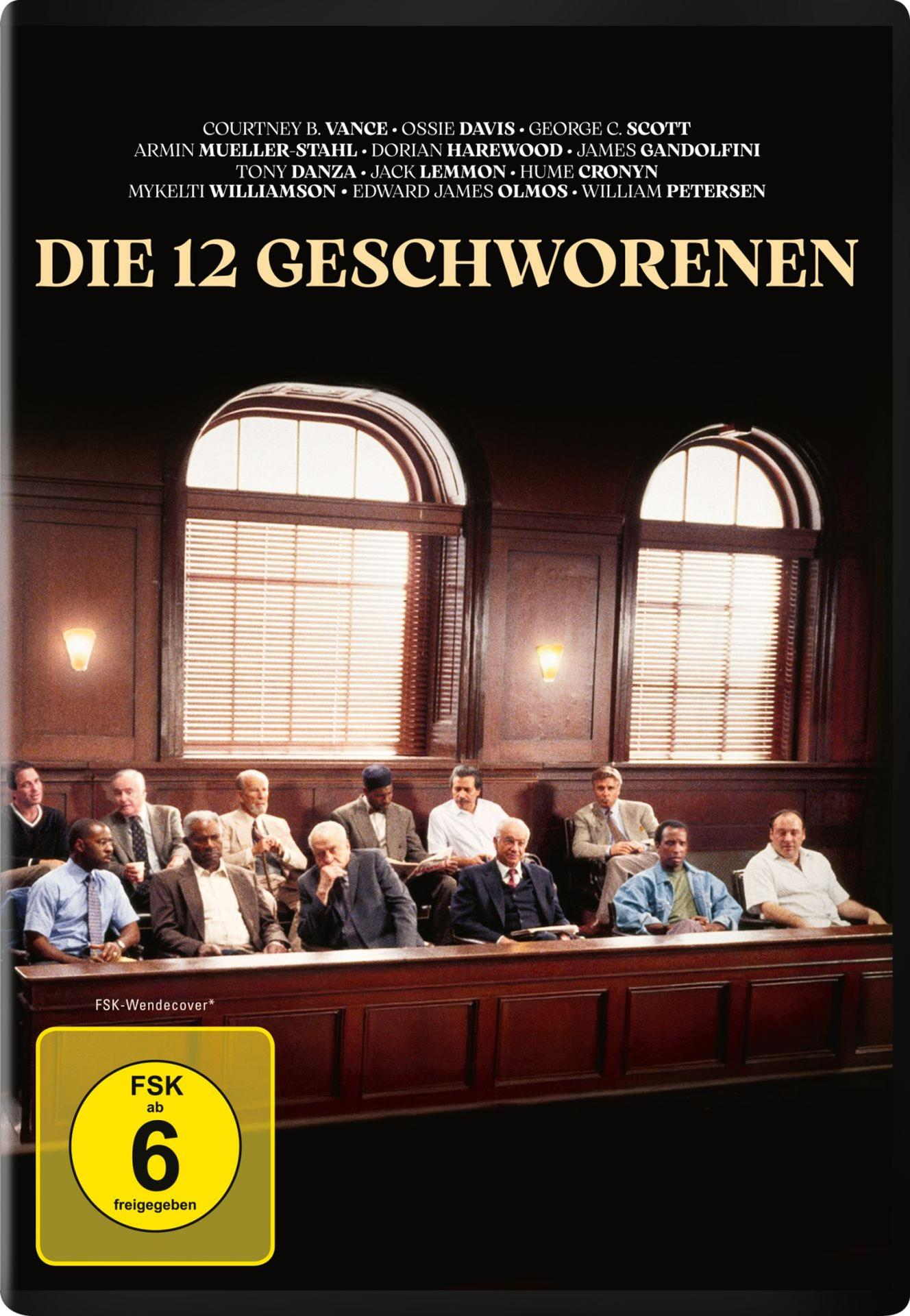 Filmposter mit Text 'Die 12 Geschworenen', Männer in einem Gerichtssaal, Fenster im Hintergrund. FSK 6.