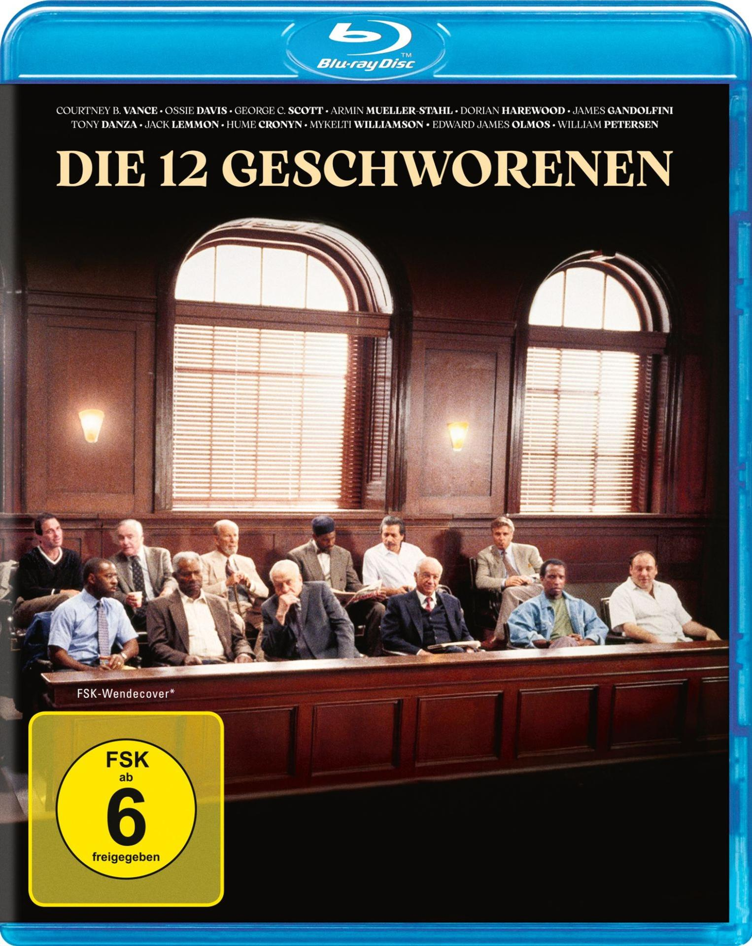 Blu-ray-Cover von 'Die 12 Geschworenen'. Zeigt 12 Männer in einem Gerichtssaal mit einer Jurybox davor. Ein gelber Aufkleber ist sichtbar.