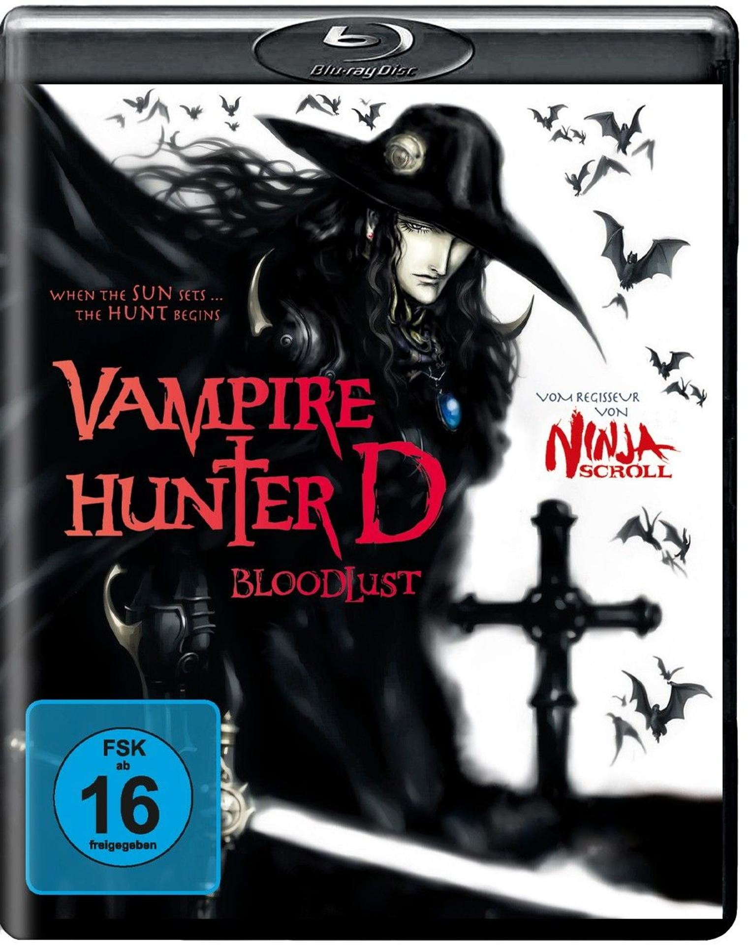 Blu-ray-Cover für 'Vampire Hunter D: Bloodlust'. Eine Figur mit schwarzem Hut, Fledermäuse, ein Kreuz und Text in Rot und Weiß sind zu sehen.