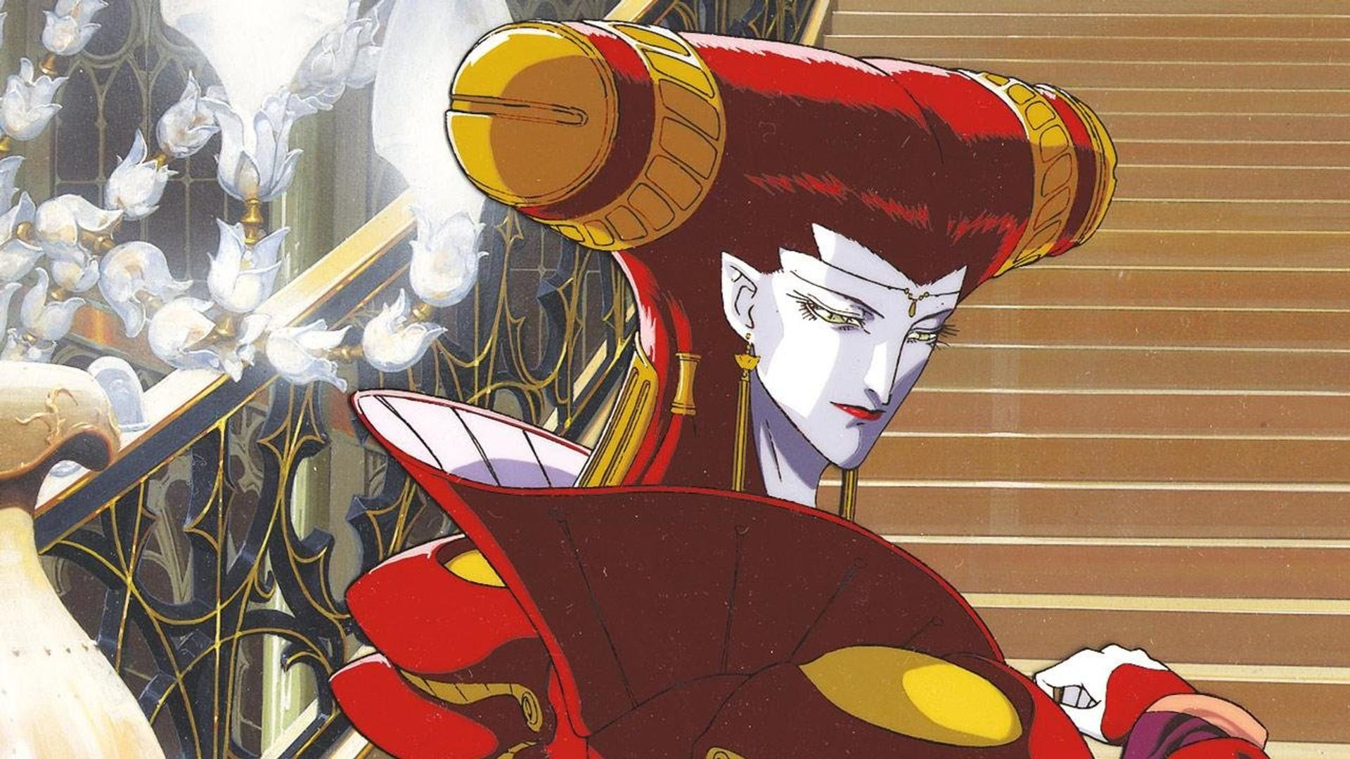 Anime-Frau mit roten Haaren, rotem Outfit und blassem Gesicht. Sie steht in der Nähe einer Treppe mit weißen Blumen und goldenen Akzenten.