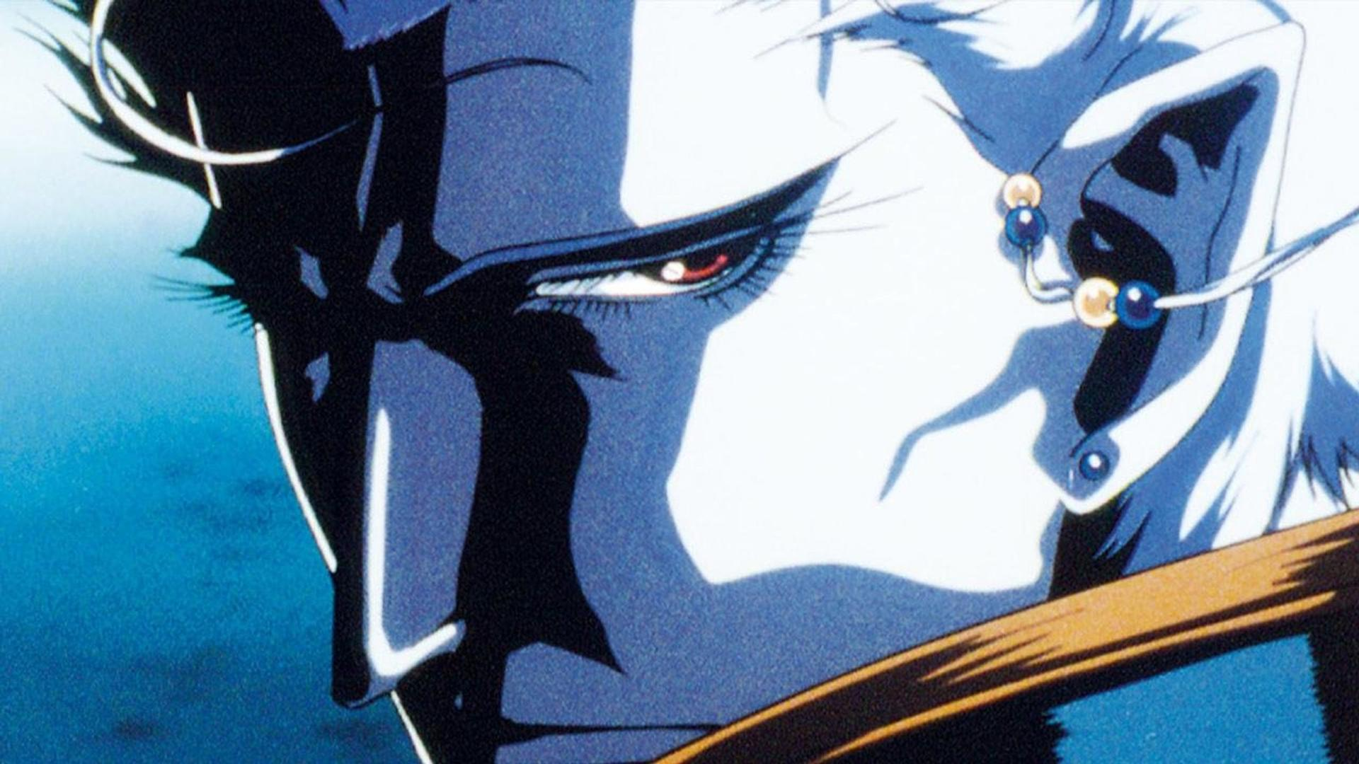 Ein Anime-Portrait einer Person mit heller Haut, blauen Schatten und roten Augen. Sie trägt Ohrringe und hat weißes Haar.