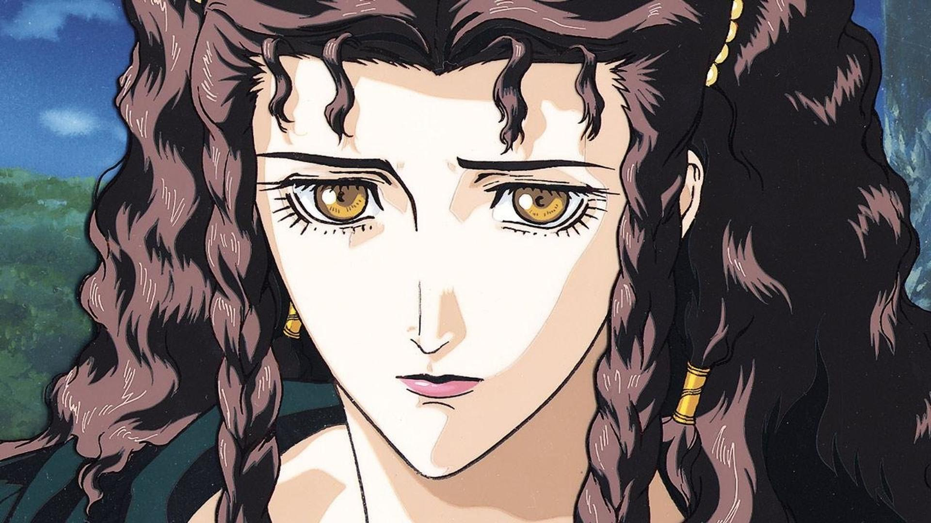Anime-Porträt. Frau mit braunem Haar, Zöpfen und goldenen Akzenten. Sie hat helle Haut, große Augen und einen neutralen Ausdruck. Dunkler Hintergrund.