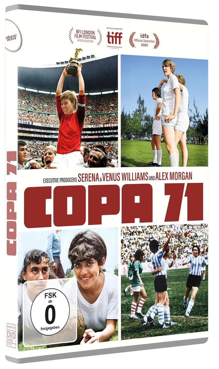 DVD-Cover für 'Copa 71'. Es zeigt Bilder von Fußballspielern, eine Frau mit einer Trophäe und Filmfestivallogos.