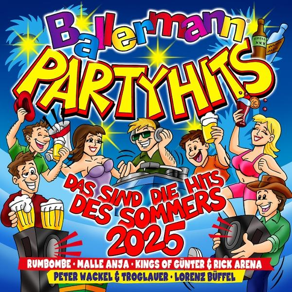 Cartoon-Albumcover mit feiernden Leuten, Getränken, Musik und Text mit der Aufschrift Ballermann Party Hits 2025. Leute halten Getränke.