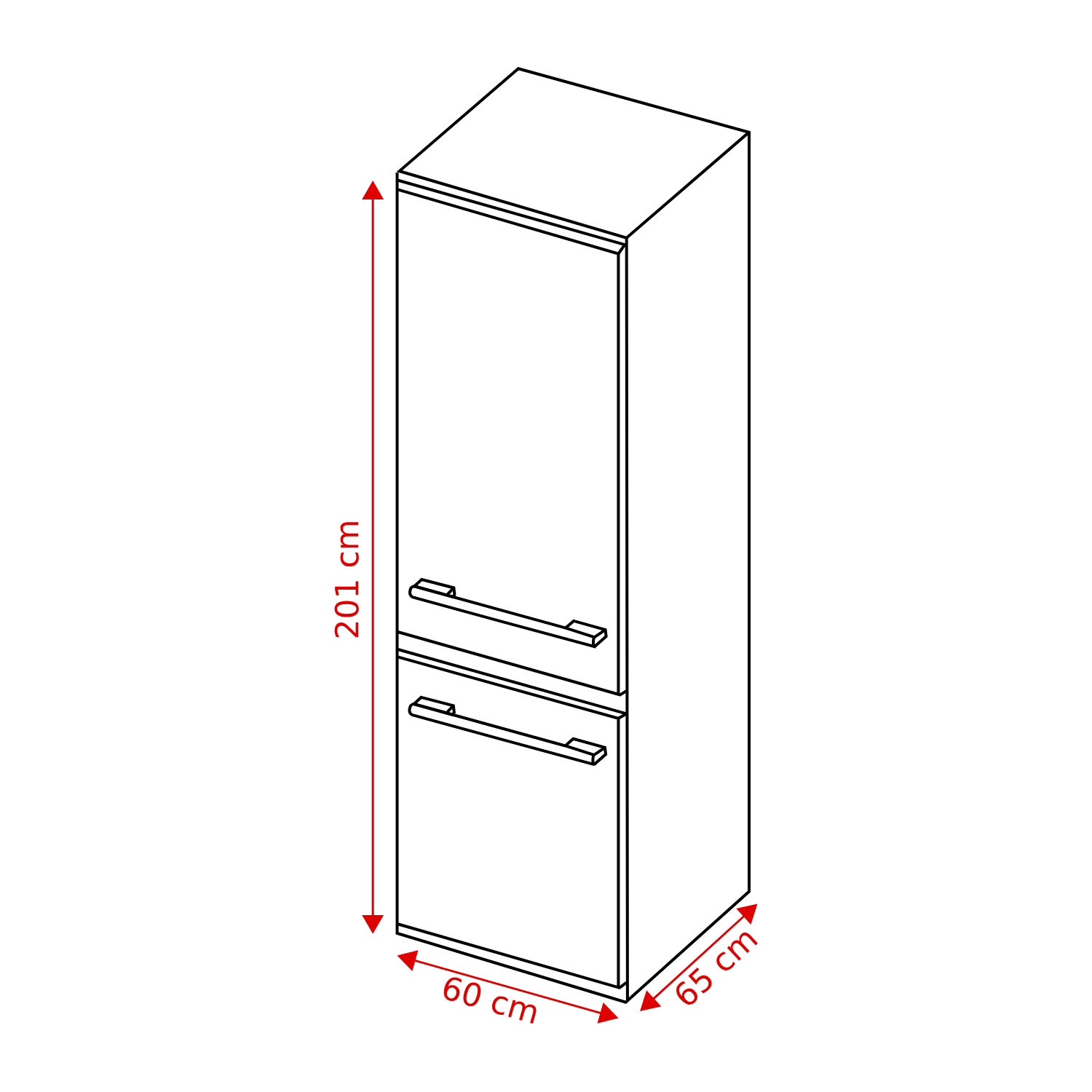A schematic drawing of a tall, two-door cabinet. Dimensions are indicated: 201cm high, 60cm wide, and 65cm deep. Handles are visible.