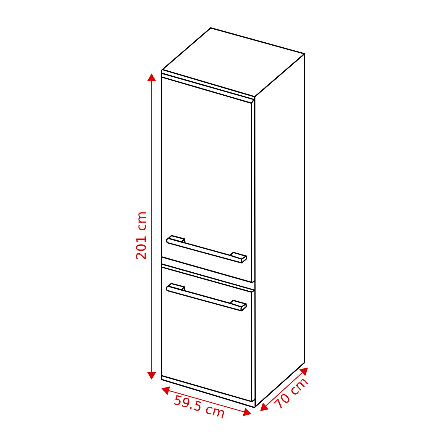 A black and white illustration of a fridge with dimensions labeled. Height is 201 cm, width is 59.5 cm, and depth is 70 cm.