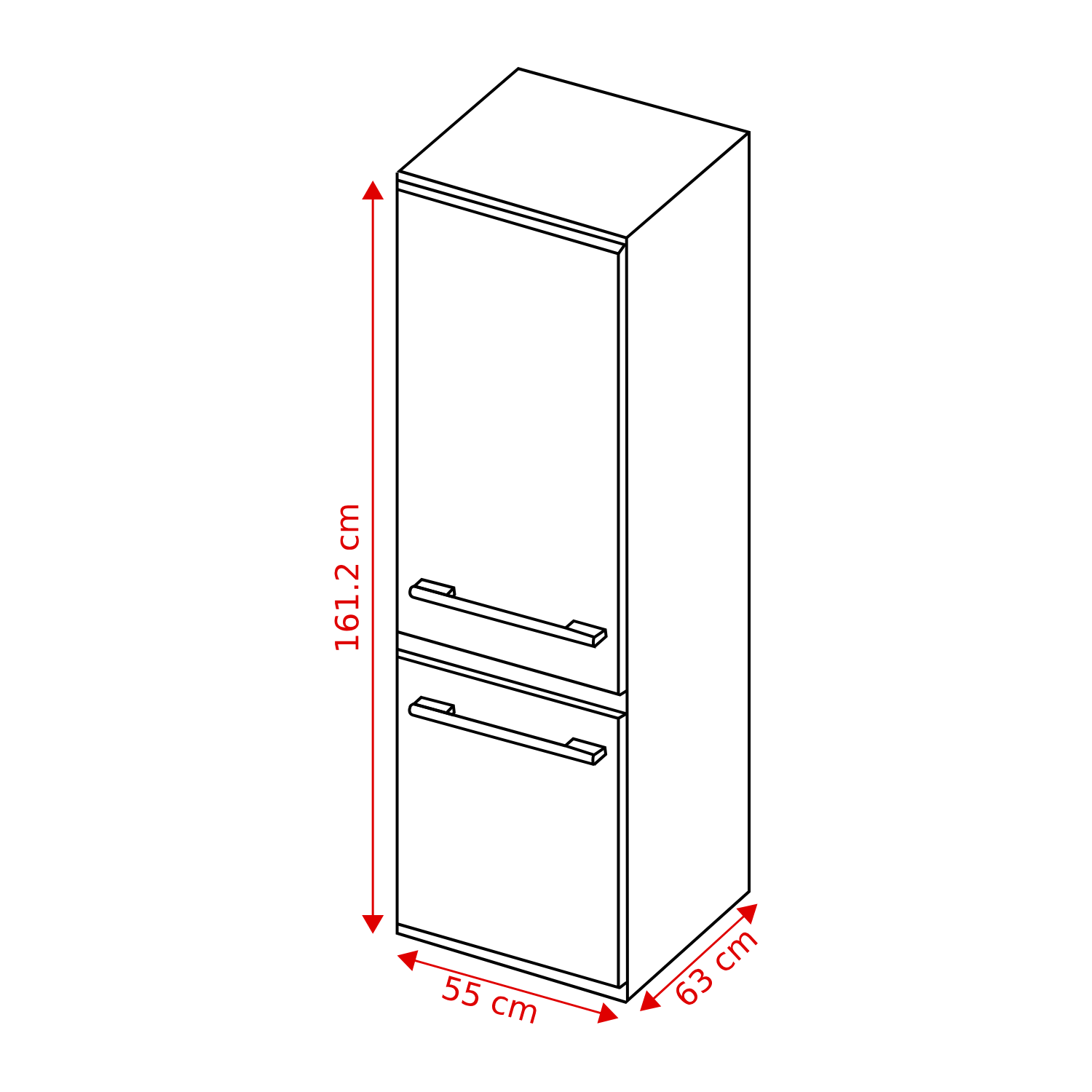 Isometric drawing of a white refrigerator with dimensions labeled: 161.2 cm height, 55 cm width, and 63 cm depth.