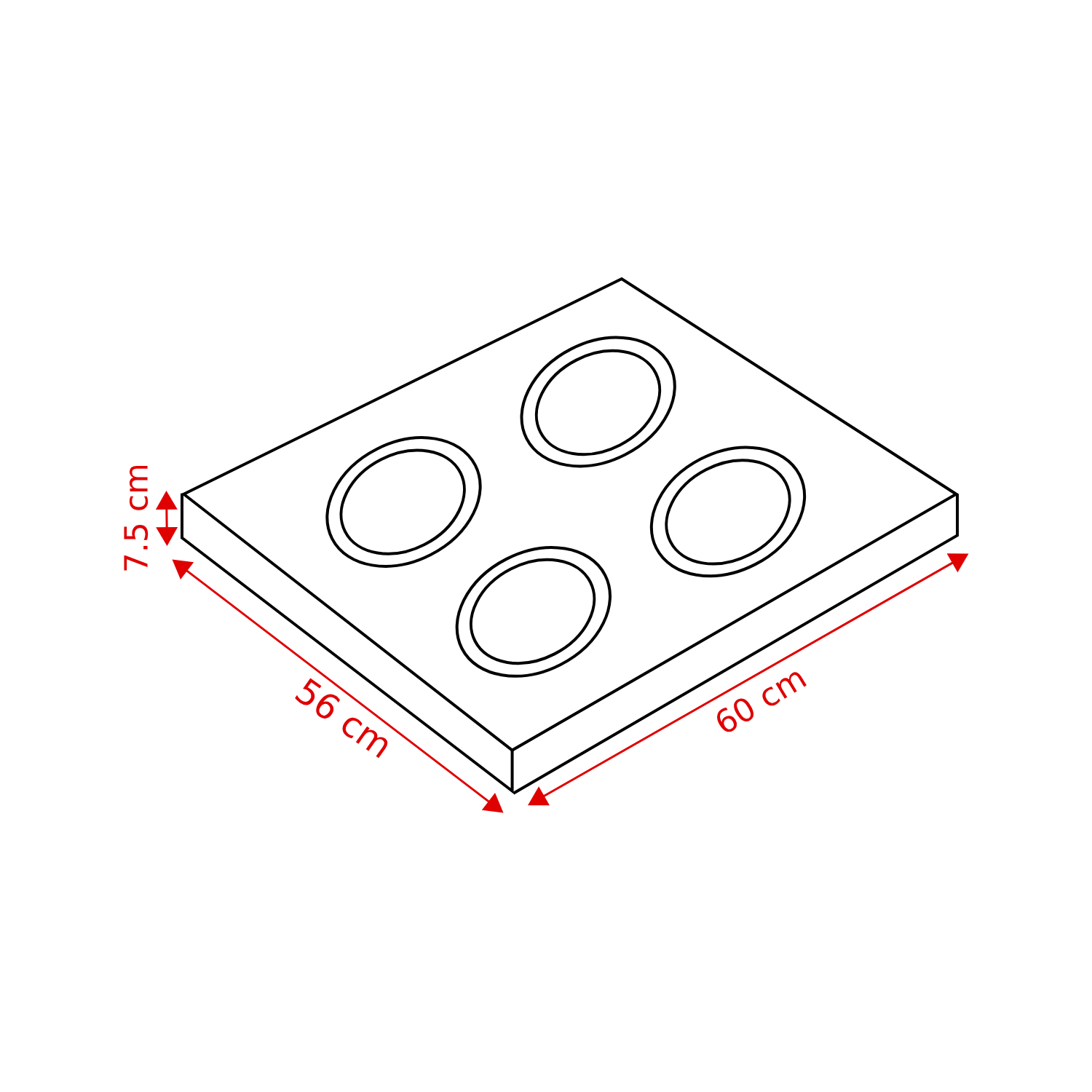 Isometric view of a cooktop. It has four circular burners and dimensions marked as 56 cm x 60 cm x 7.5 cm.