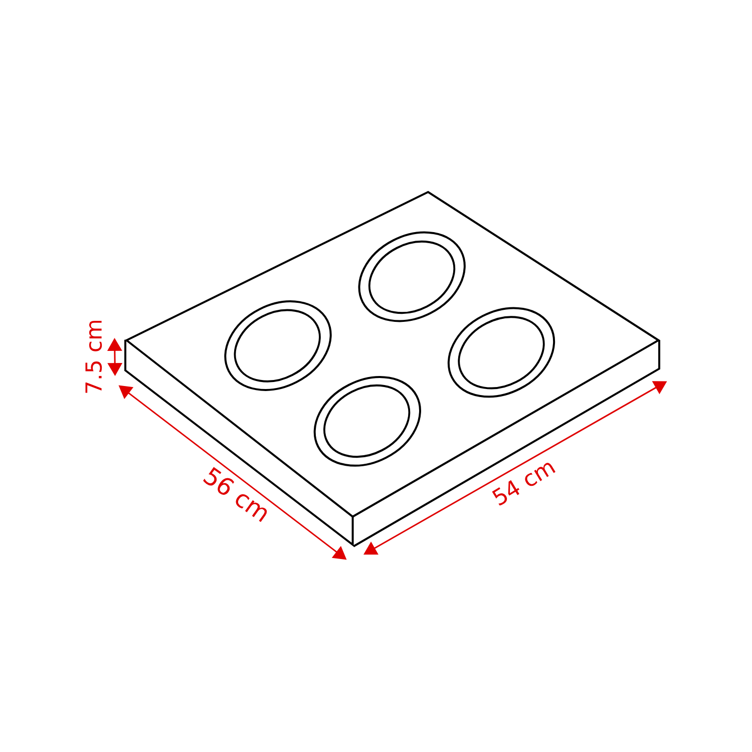 Isometric view of a cooktop with four circular burners. Dimensions are labeled: 56 cm, 54 cm, and 7.5 cm. The background is white.