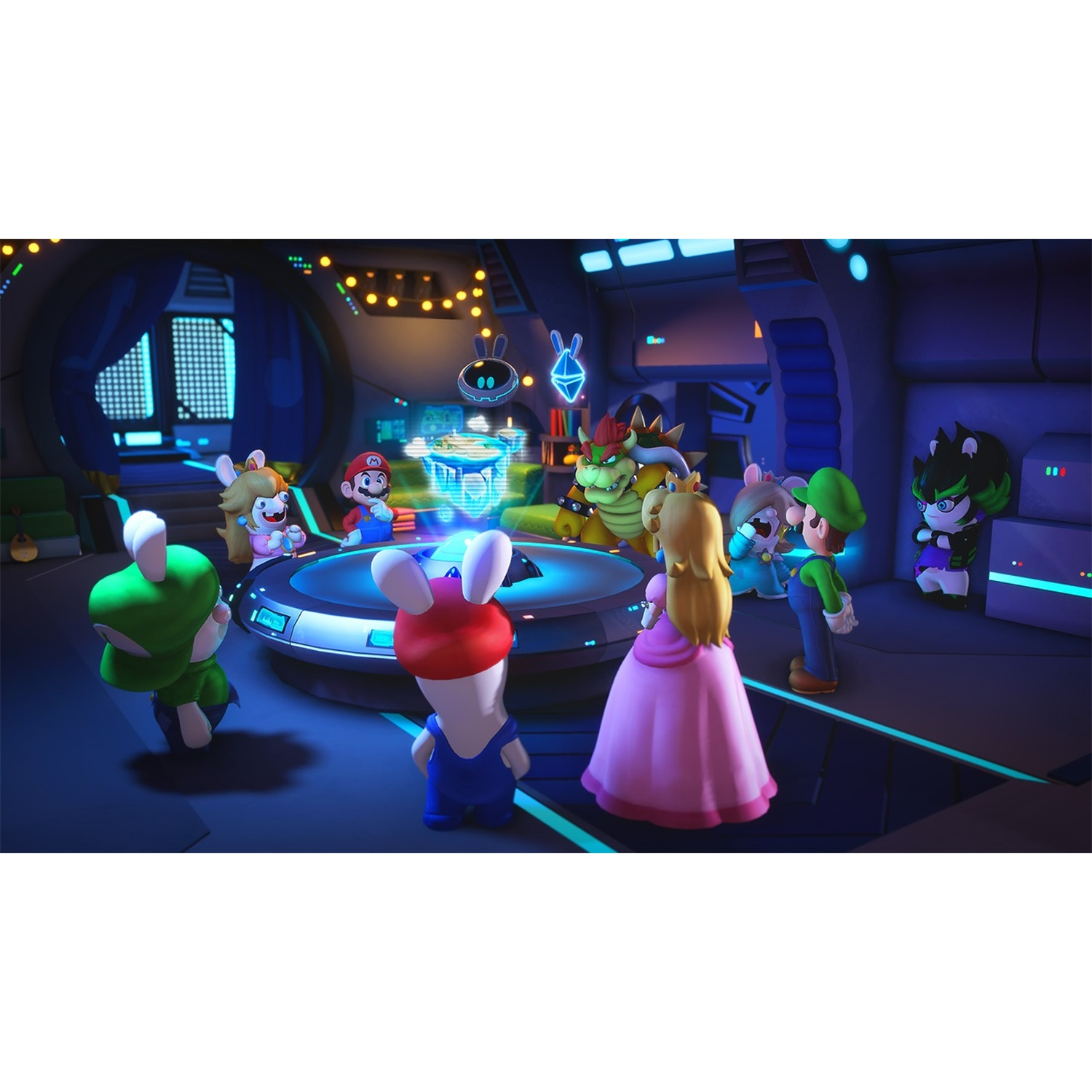 Personaggi di Mario e Rabbids in una stanza futuristica. Mario, Peach, Luigi e Bowser sono presenti. I Rabbids indossano abiti a tema Mario.